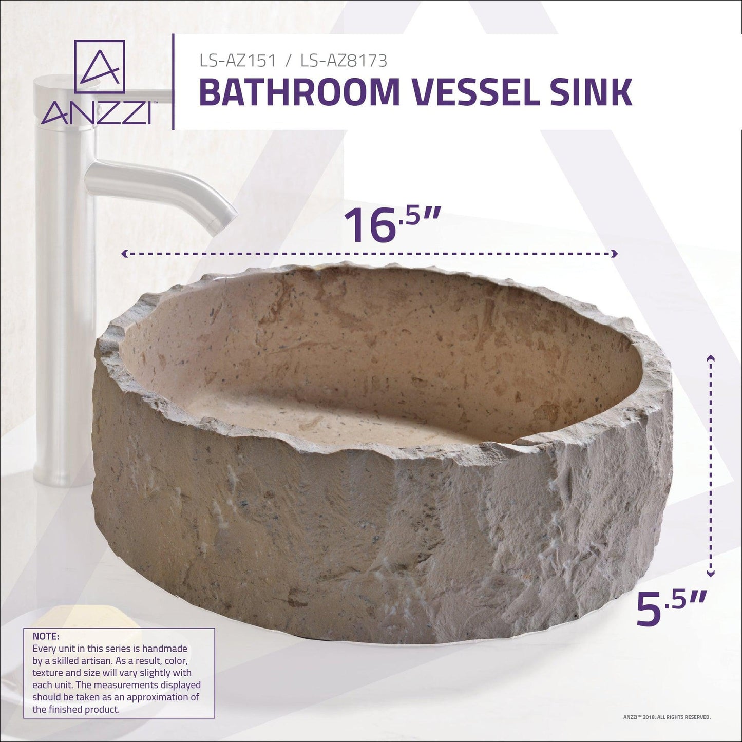 ANZZI Desert Crown Series 17" x 17" Round Cream Marble Vessel Sink