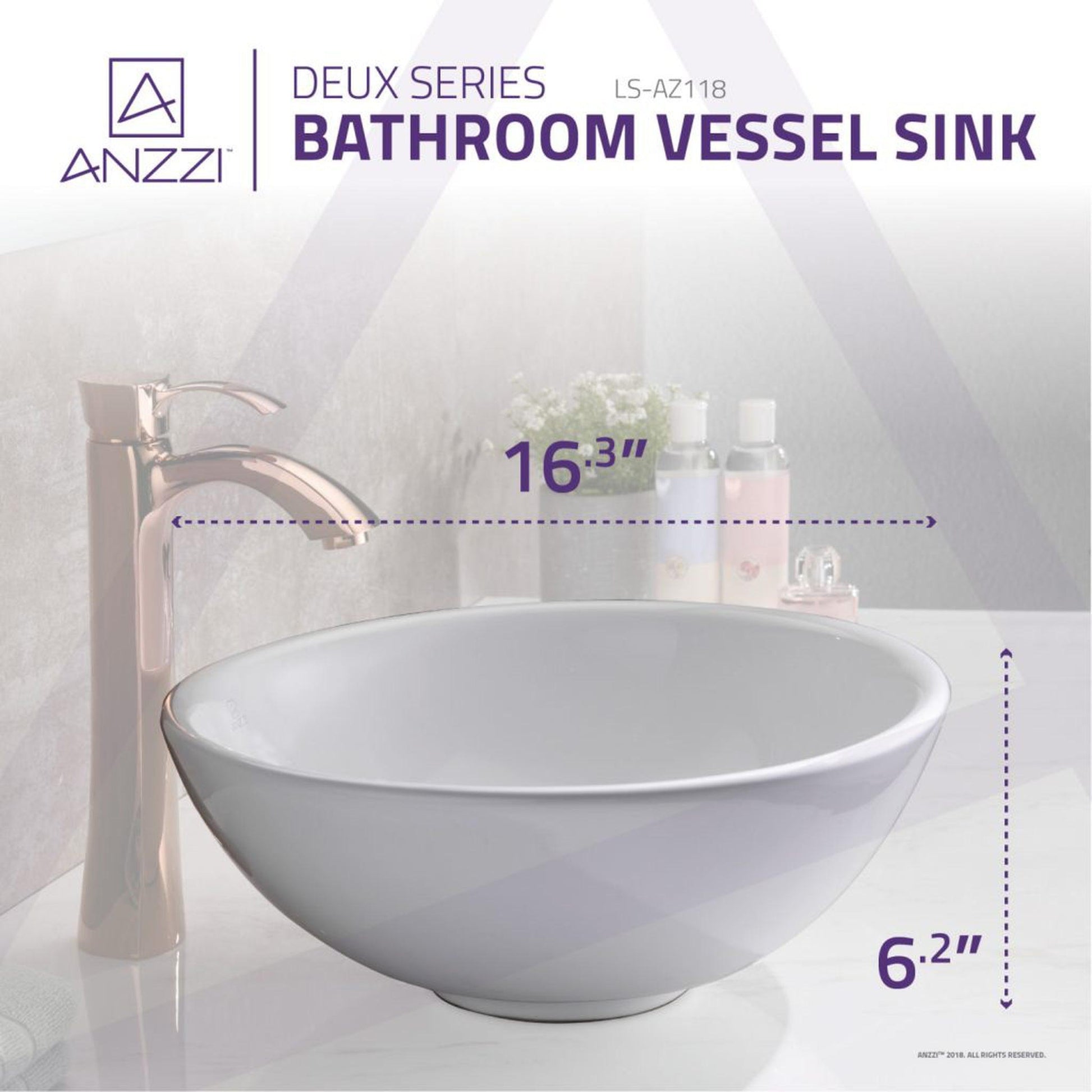 ANZZI Deux Series 16" x 16" Round Glossy White Vessel Sink