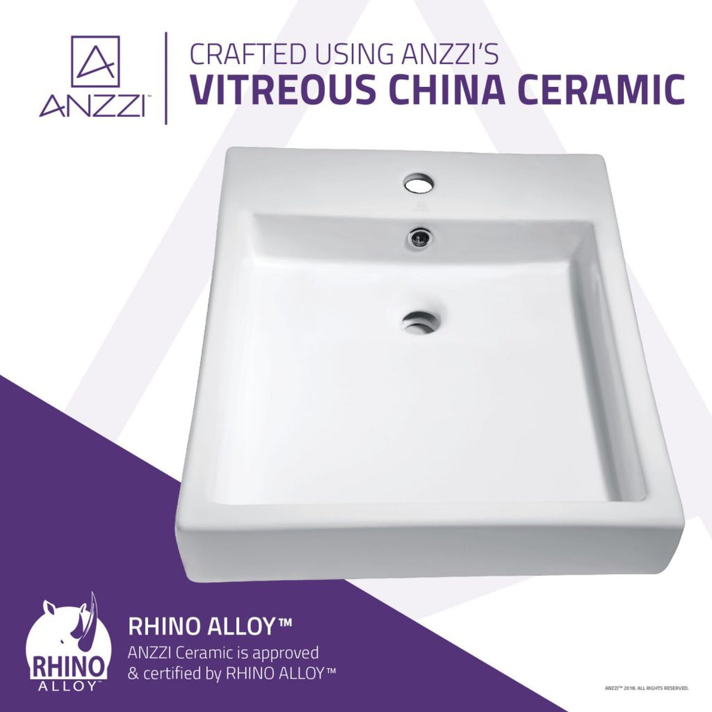 ANZZI Deux Series 18" x 22" Rectangular Glossy White Single Hole Vessel Sink With Built-In Overflow