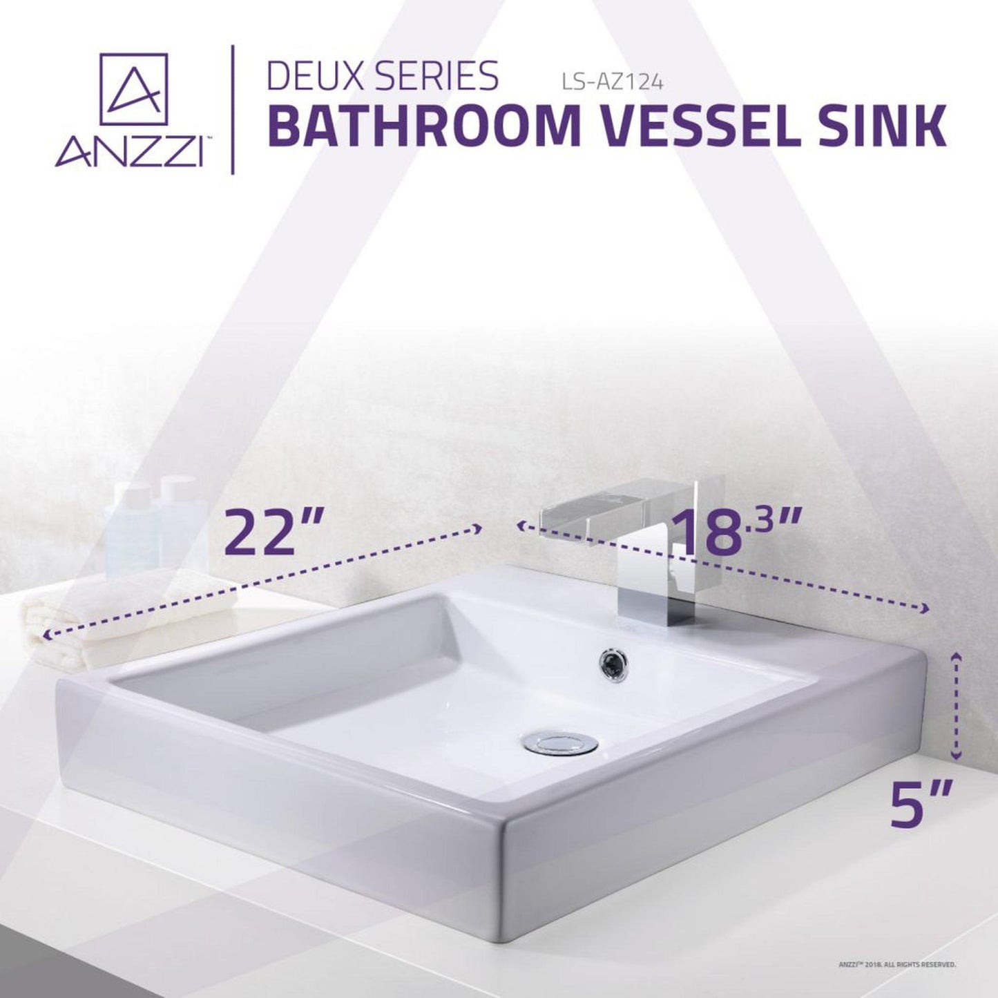 ANZZI Deux Series 18" x 22" Rectangular Glossy White Single Hole Vessel Sink With Built-In Overflow