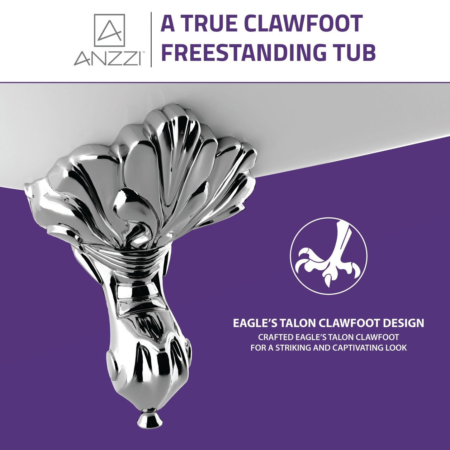 ANZZI Diamante Series 67" x 30" Freestanding Glossy White in Eagle's Talon Claw Feet Style Bathtub
