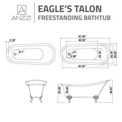 ANZZI Diamante Series 67" x 30" Freestanding Glossy White in Eagle's Talon Claw Feet Style Bathtub