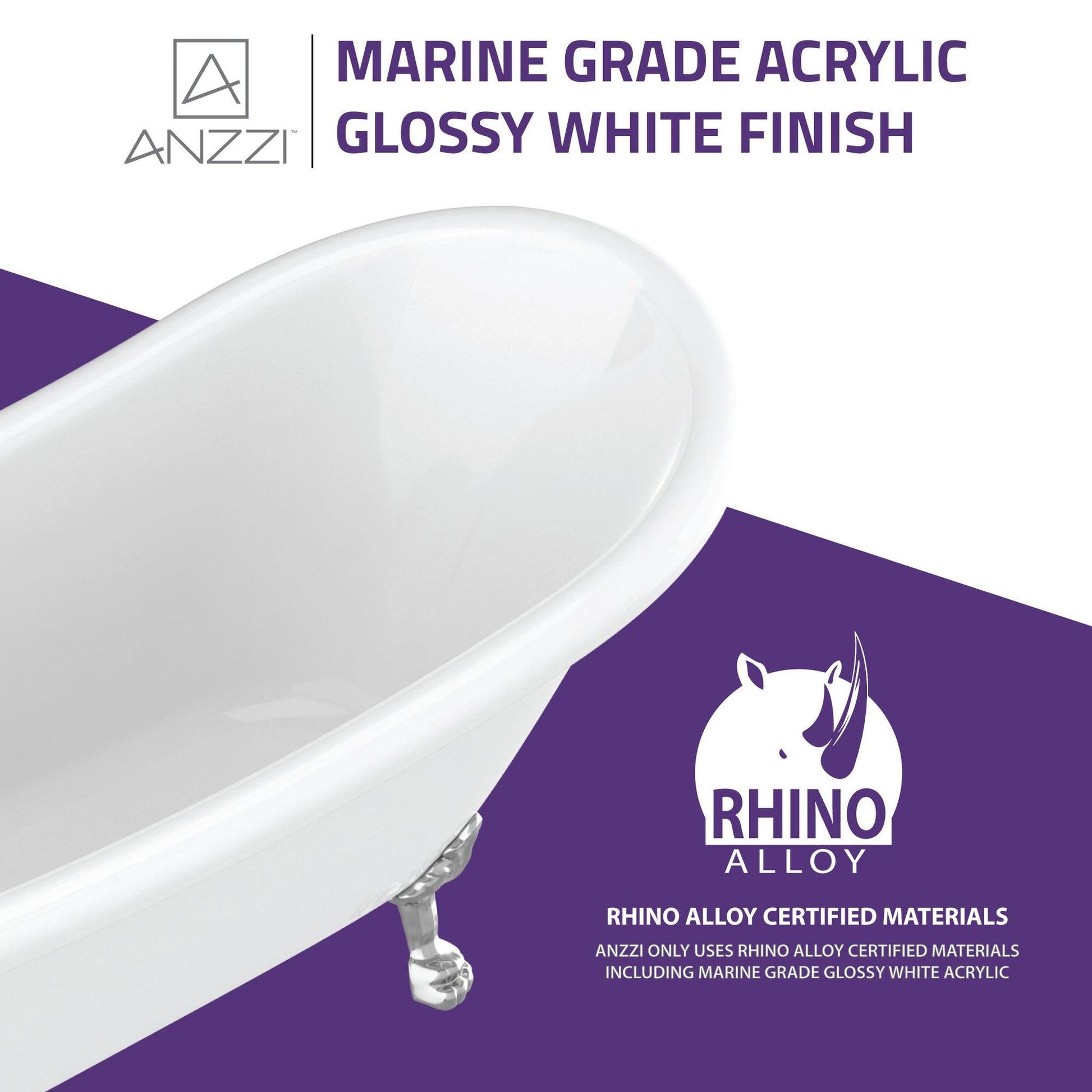 ANZZI Diamante Series 67" x 30" Freestanding Glossy White in Lion's Paw Claw Feet Style Bathtub