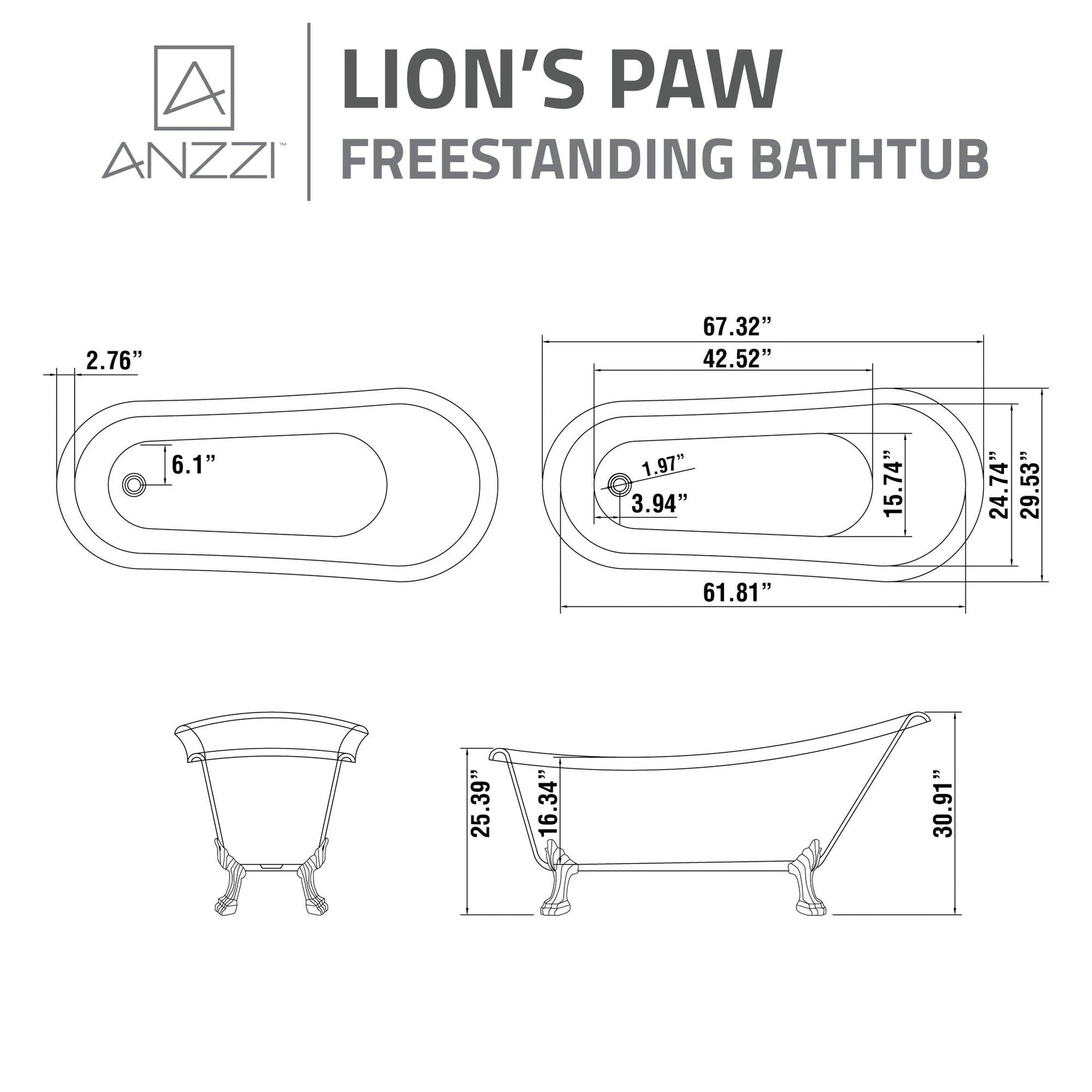 ANZZI Diamante Series 67" x 30" Freestanding Glossy White in Lion's Paw Claw Feet Style Bathtub