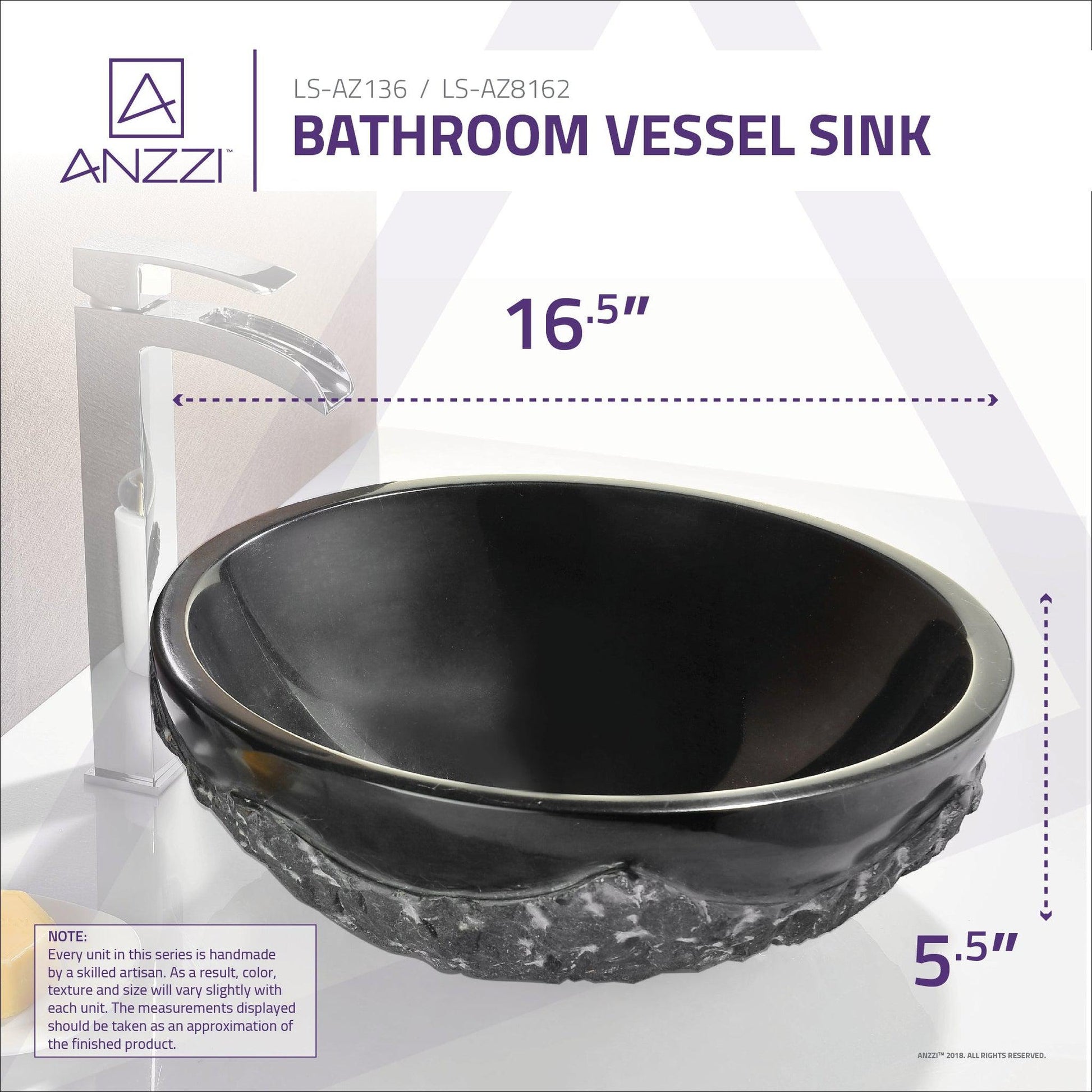 ANZZI Diver Series 17" x 17" Round Black Jade Vessel Sink