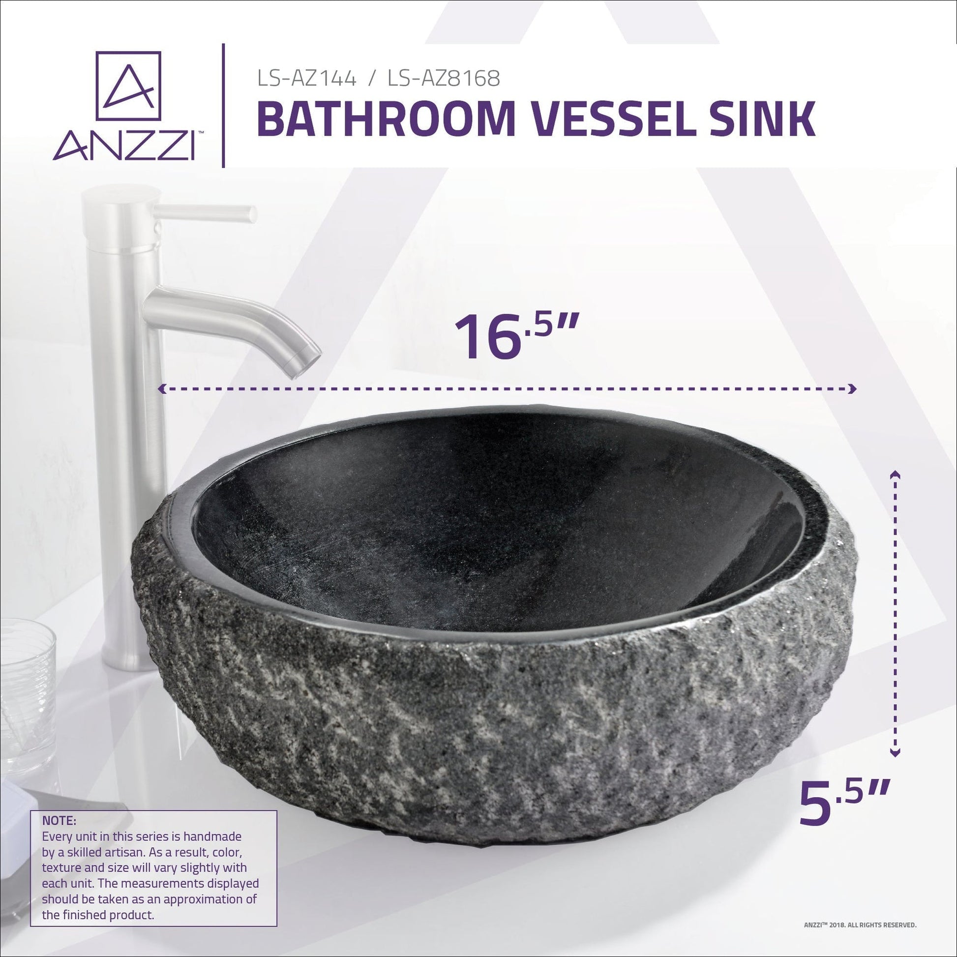 ANZZI Dragons Ash Series 17" x 17" Round Mandy Black Vessel Sink