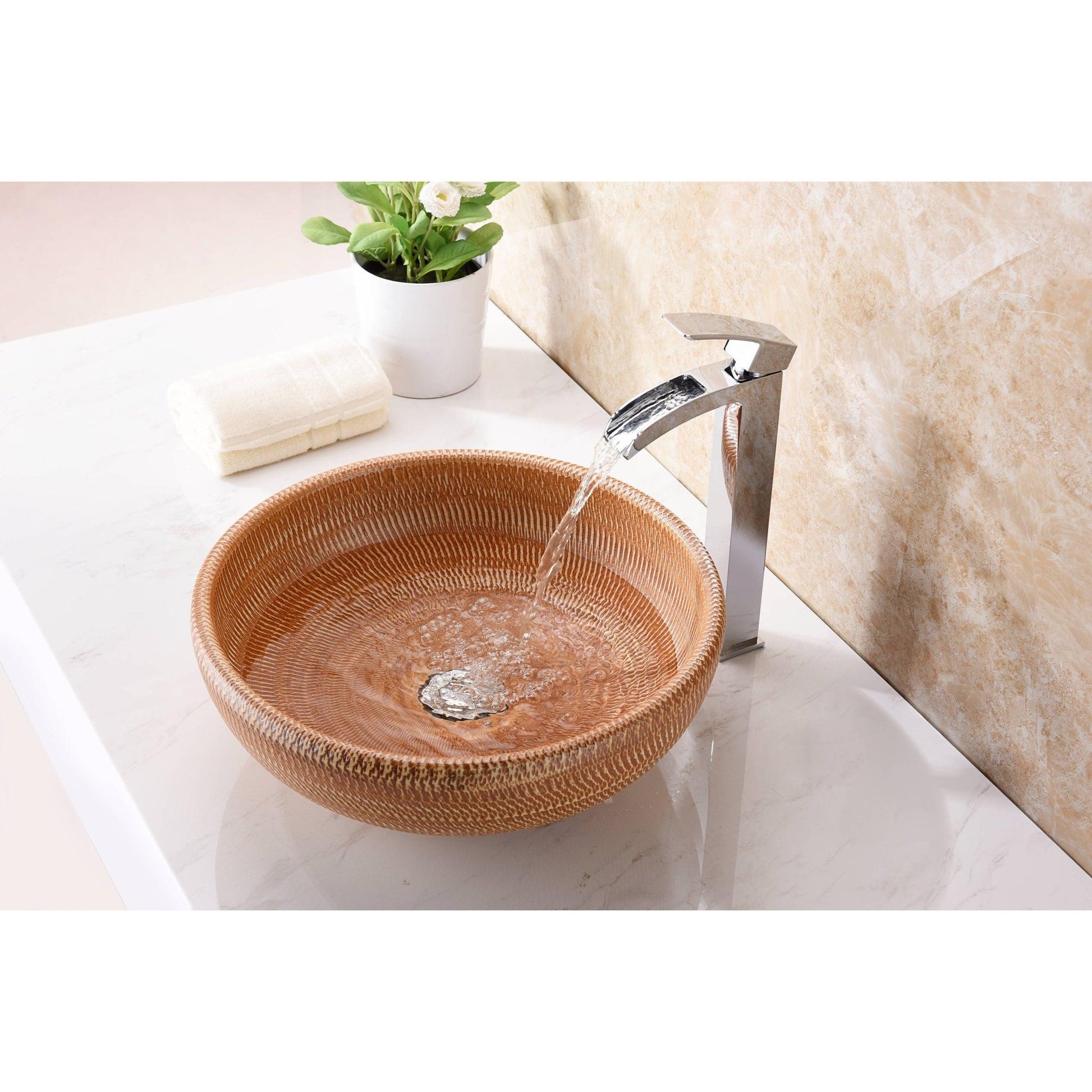 ANZZI Earthen Series 16" x 16" Round Beige Deco-Glass Vessel Sink With Polished Chrome Pop-Up Drain