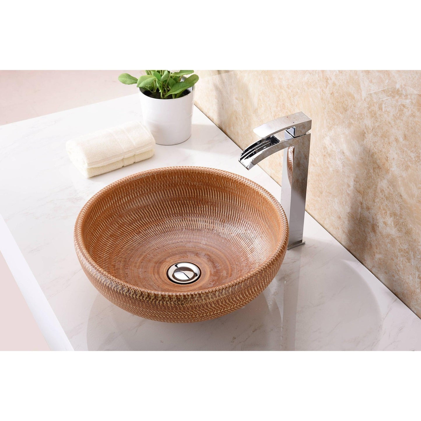 ANZZI Earthen Series 16" x 16" Round Beige Deco-Glass Vessel Sink With Polished Chrome Pop-Up Drain