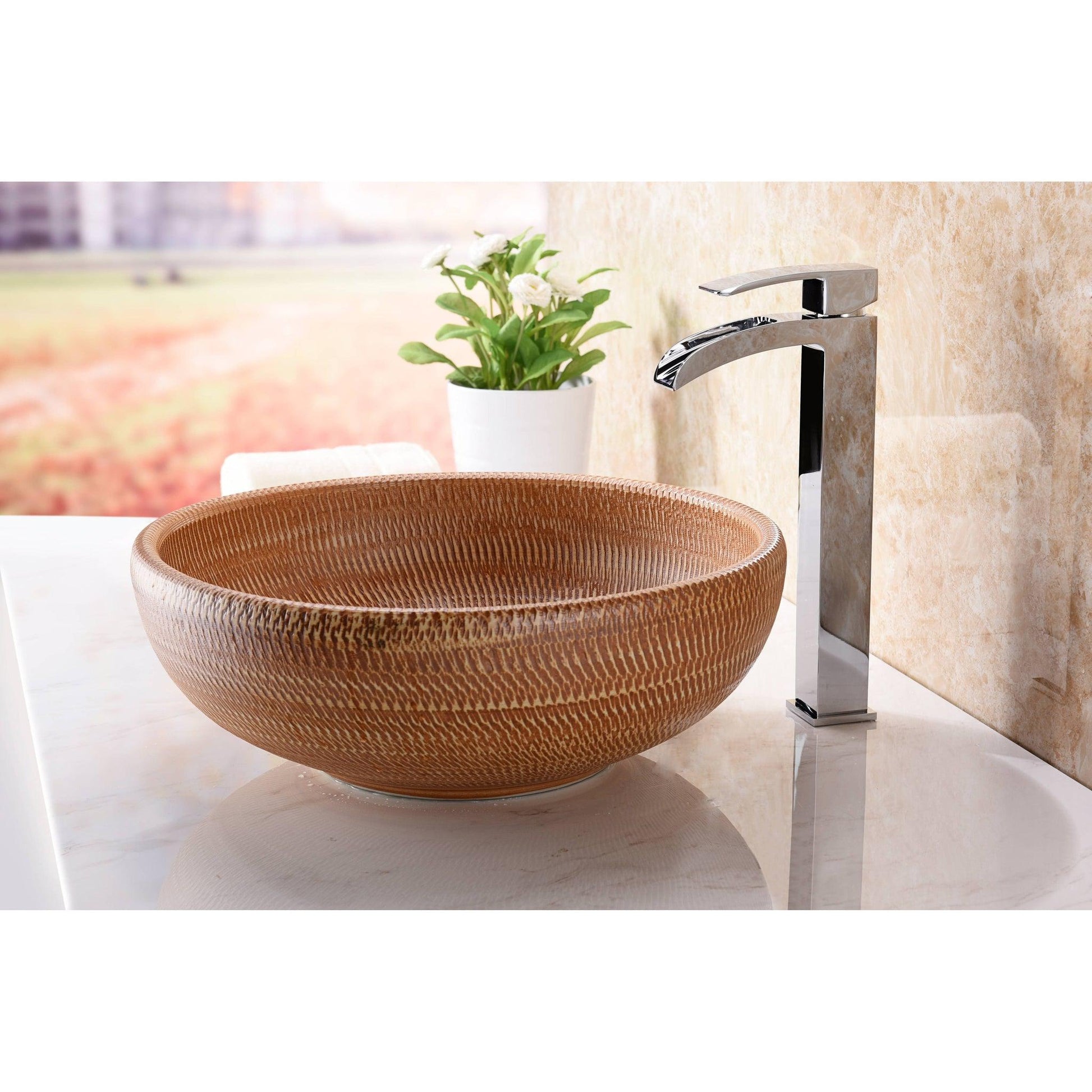 ANZZI Earthen Series 16" x 16" Round Beige Deco-Glass Vessel Sink With Polished Chrome Pop-Up Drain