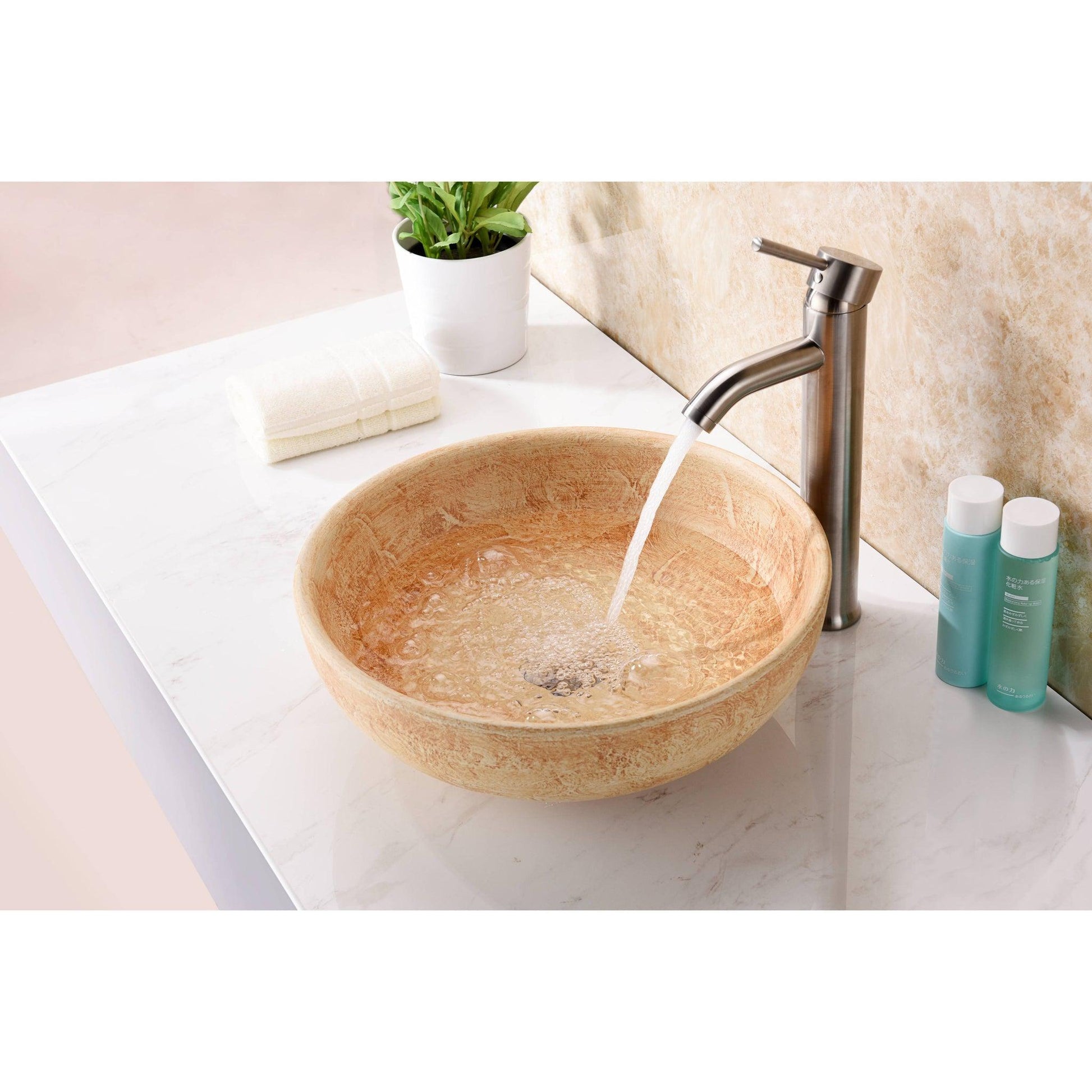 ANZZI Earthen Series 16" x 16" Round Creamy Beige Deco-Glass Vessel Sink With Polished Chrome Pop-Up Drain