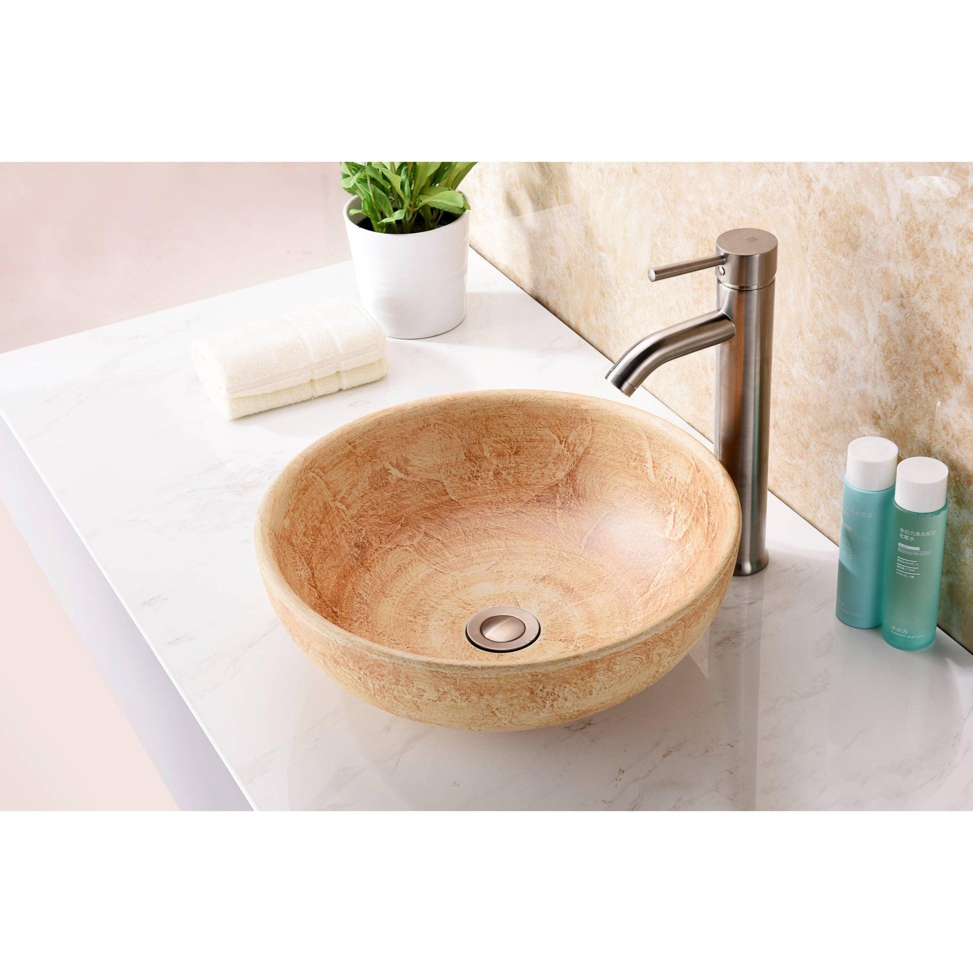 ANZZI Earthen Series 16" x 16" Round Creamy Beige Deco-Glass Vessel Sink With Polished Chrome Pop-Up Drain