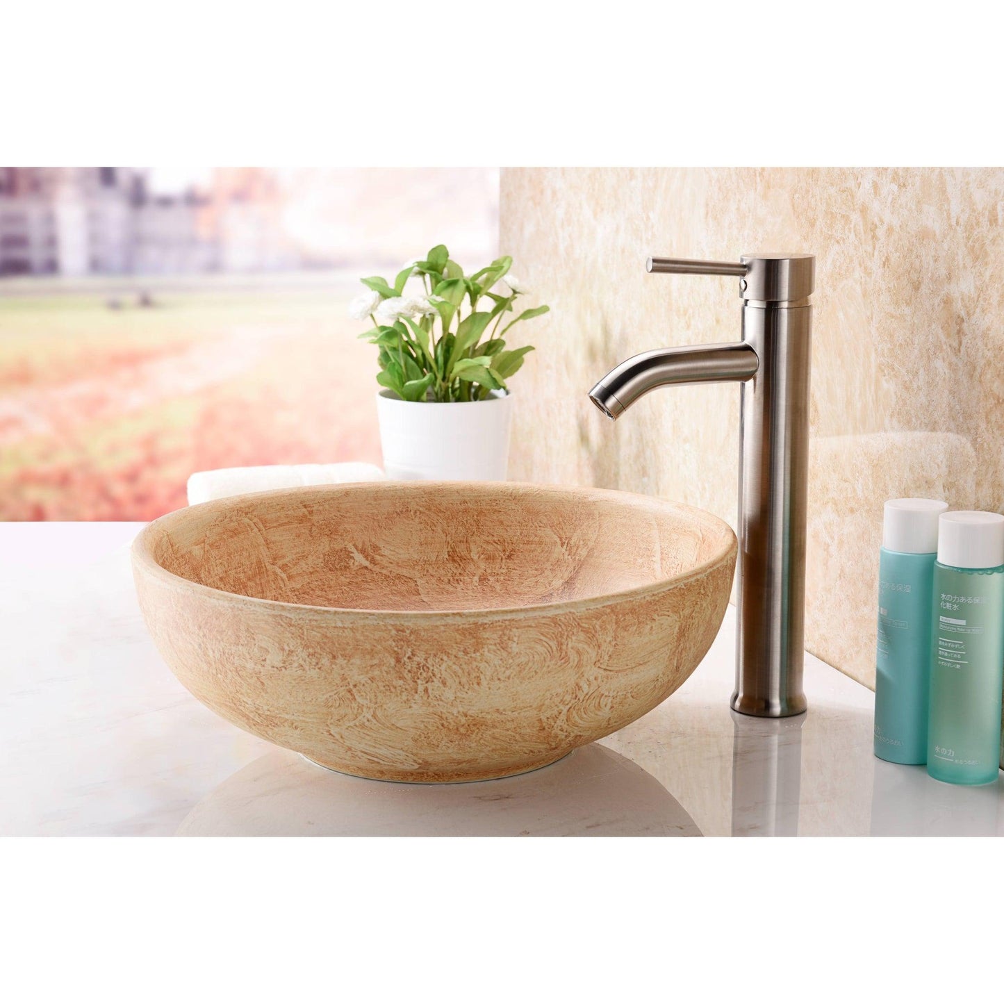 ANZZI Earthen Series 16" x 16" Round Creamy Beige Deco-Glass Vessel Sink With Polished Chrome Pop-Up Drain