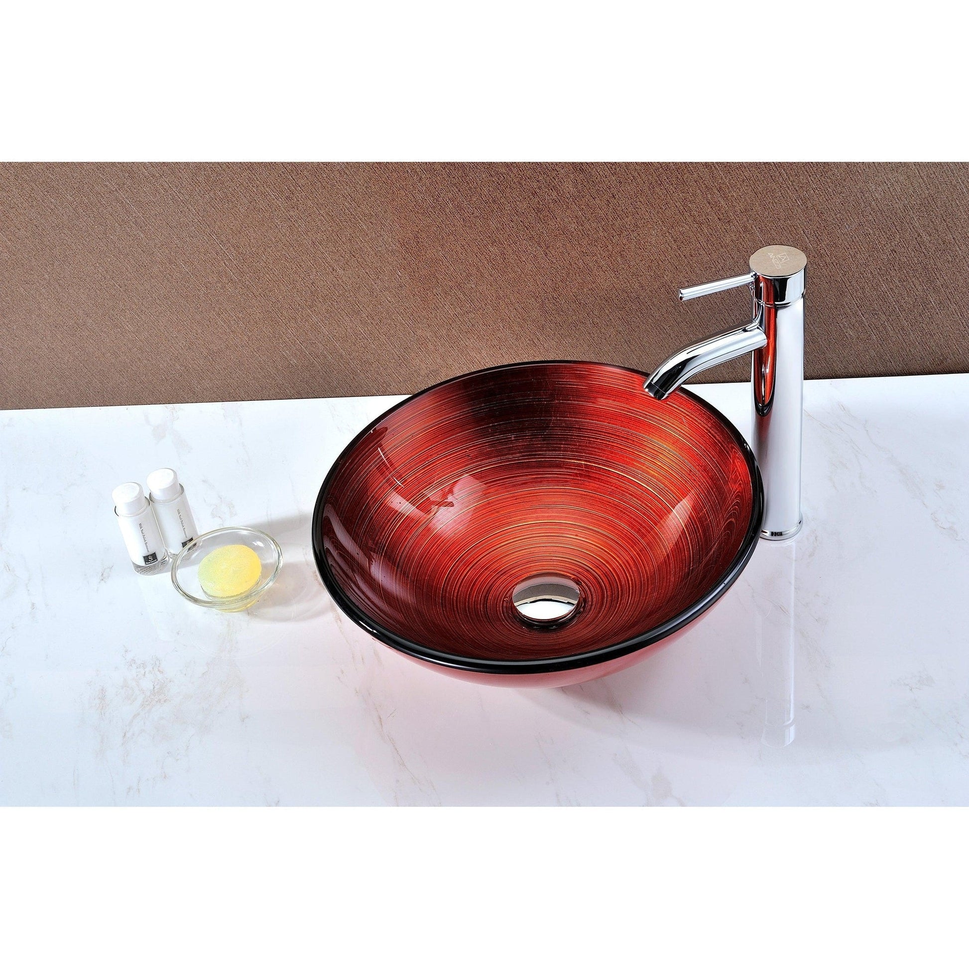 ANZZI Echo Series 17" x 17" Round Deco-Glass Lustrous Red Vessel Sink With Polished Chrome Pop-Up Drain