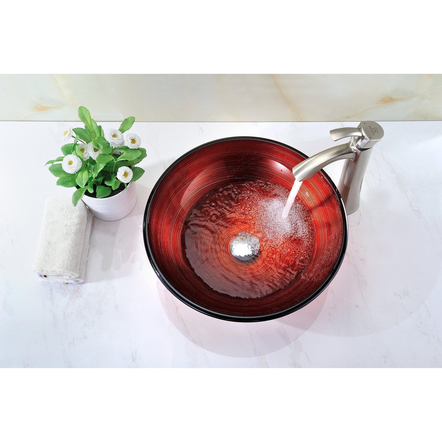 ANZZI Echo Series 17" x 17" Round Deco-Glass Lustrous Red Vessel Sink With Polished Chrome Pop-Up Drain