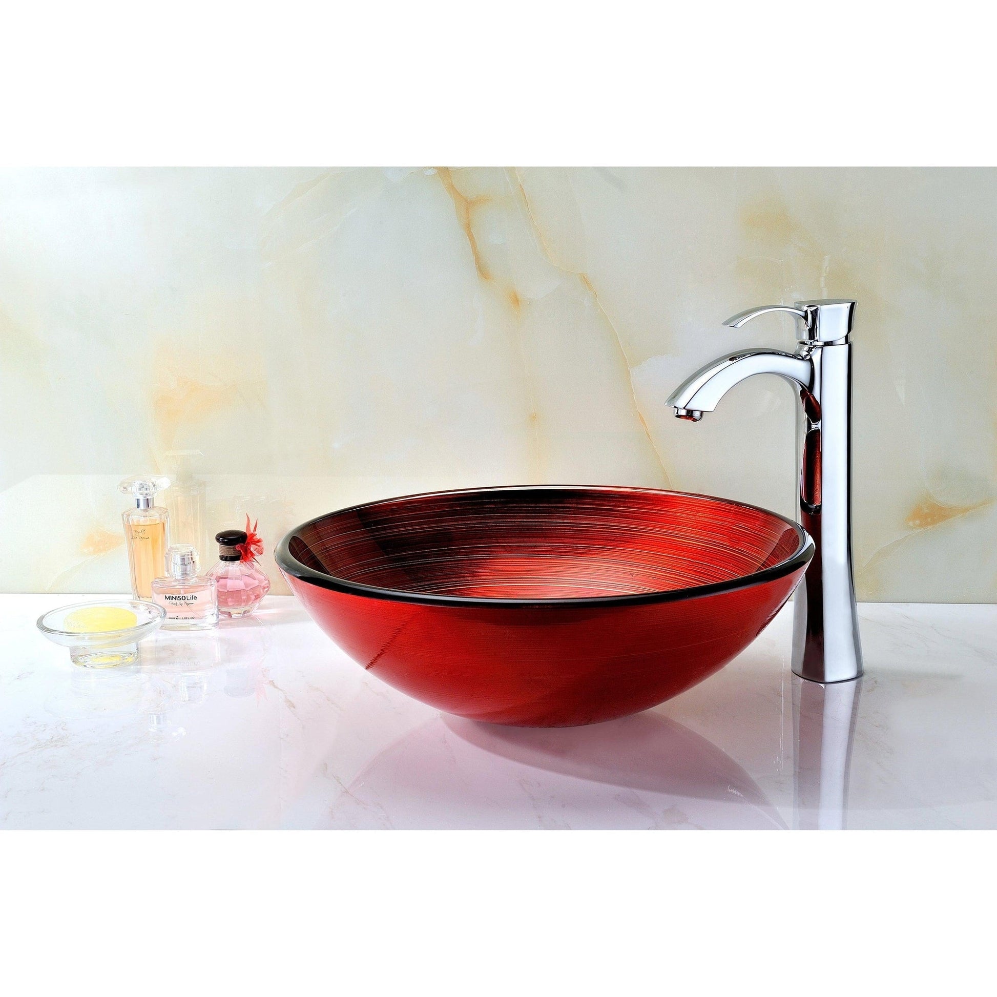 ANZZI Echo Series 17" x 17" Round Deco-Glass Lustrous Red Vessel Sink With Polished Chrome Pop-Up Drain