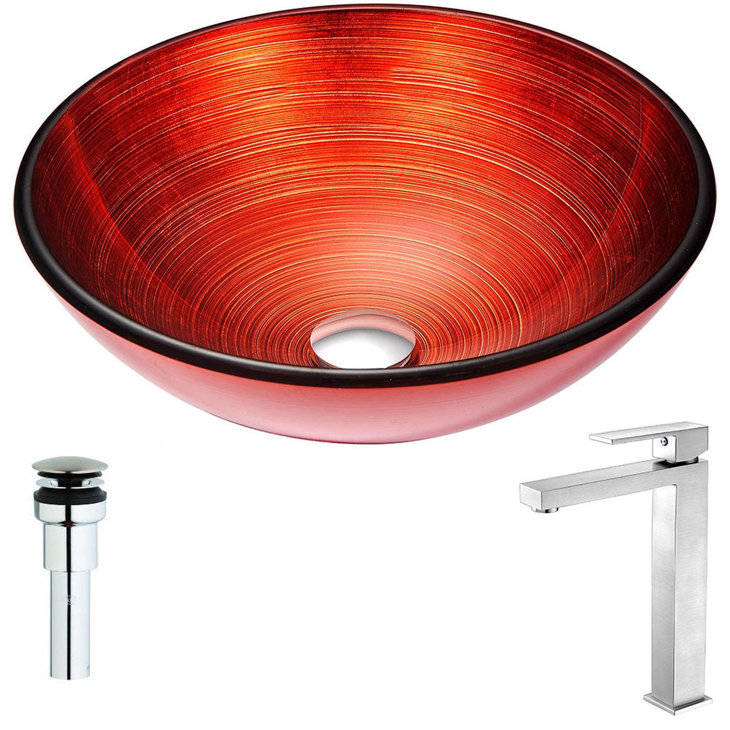 ANZZI Echo Series 17" x 17" Round Lustrous Red Deco-Glass Vessel Sink With Chrome Pop-Up Drain and Brushed Nickel Enti Faucet