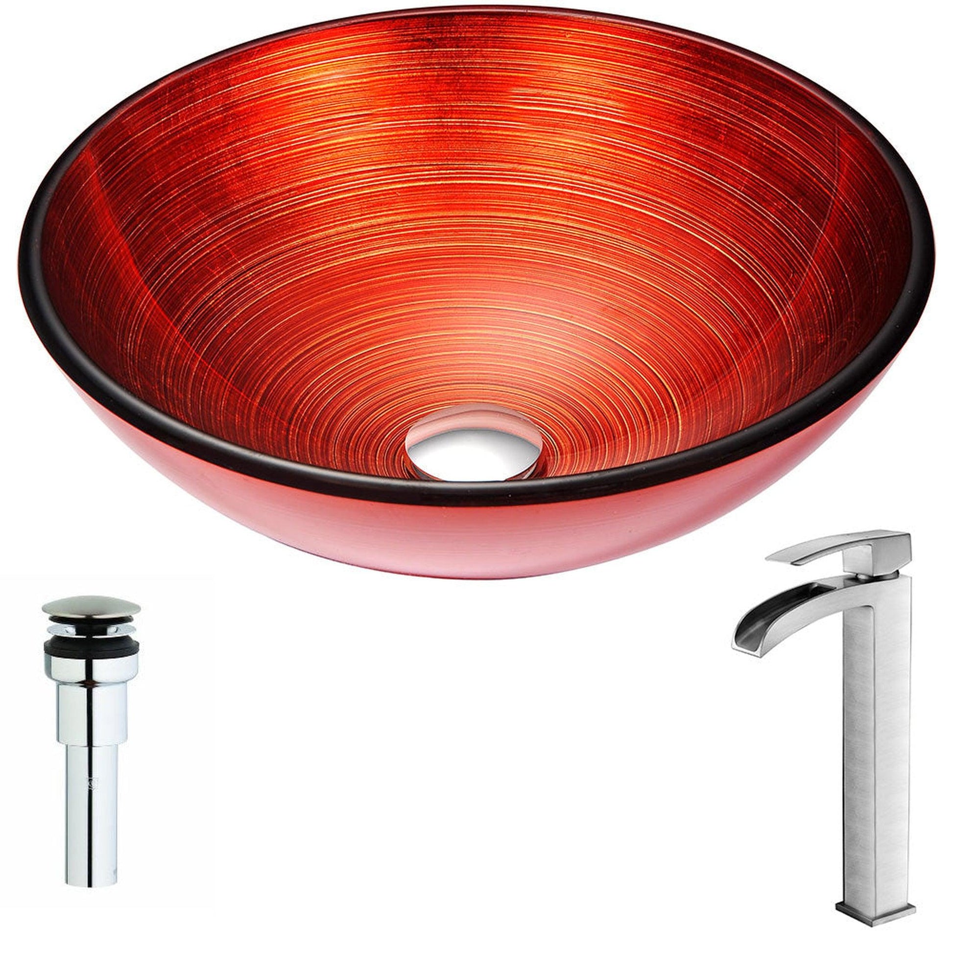 ANZZI Echo Series 17" x 17" Round Lustrous Red Deco-Glass Vessel Sink With Chrome Pop-Up Drain and Brushed Nickel Key Faucet