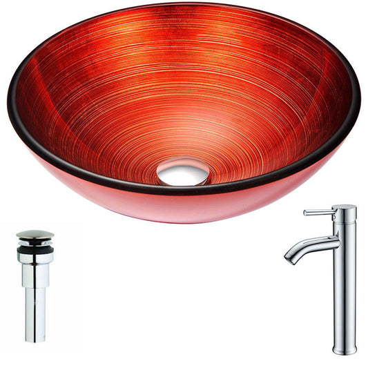 ANZZI Echo Series 17" x 17" Round Lustrous Red Deco-Glass Vessel Sink With Chrome Pop-Up Drain and Fann Faucet