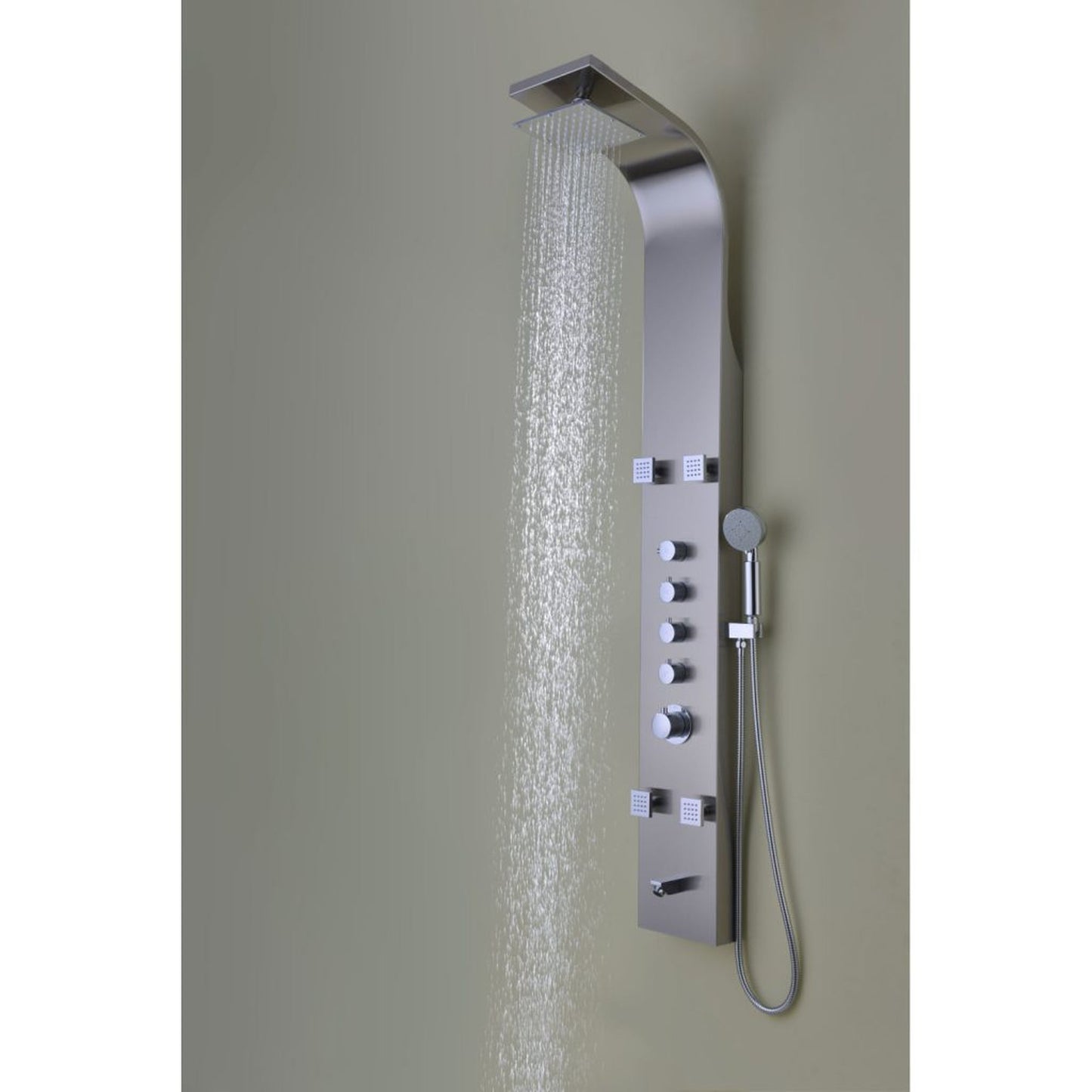 ANZZI Echo Series 63.5" Brushed Stainless Steel 4-Jetted Full Body Shower Panel With Heavy Rain Shower Head and Euro-Grip Hand Sprayer