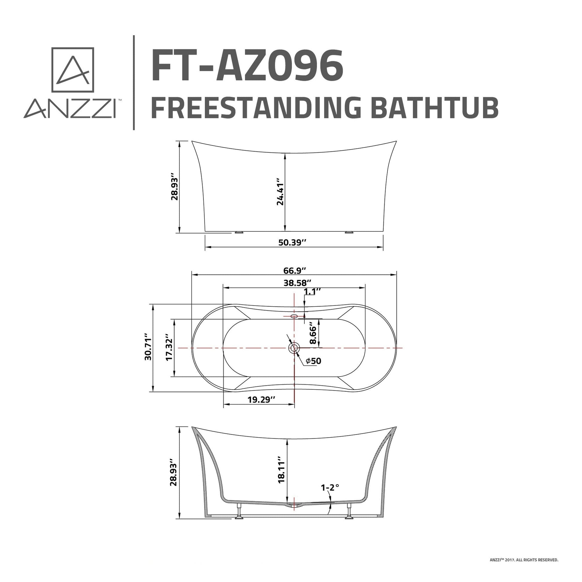 ANZZI Eft Series 67" x 31" Freestanding Glossy White Bathtub With Built-In Overflow