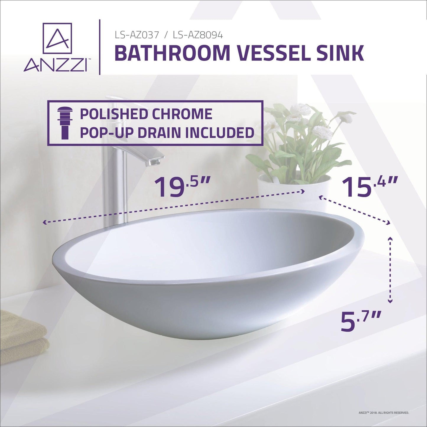 ANZZI Egret Series 20" x 15" Oval Shape White Deco-Glass Vessel Sink With Polished Chrome Pop-Up Drain