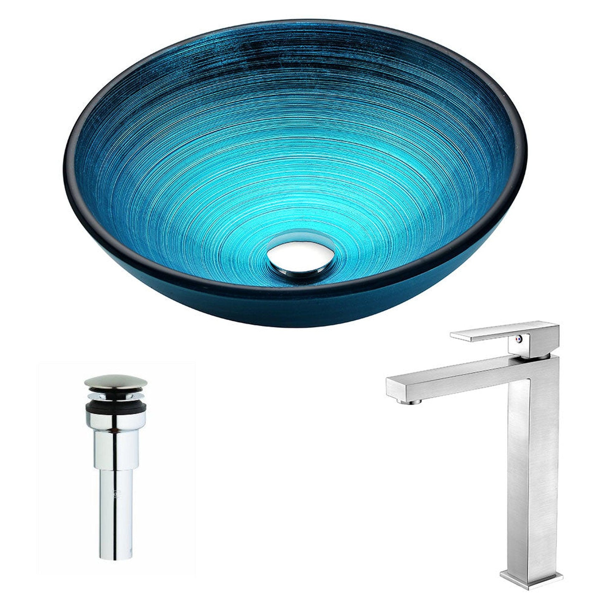 ANZZI Enti Series 17" x 17" Round Lustrous Blue Deco-Glass Vessel Sink Finish With Chrome Pop-Up Drain and Brushed Nickel Enti Faucet