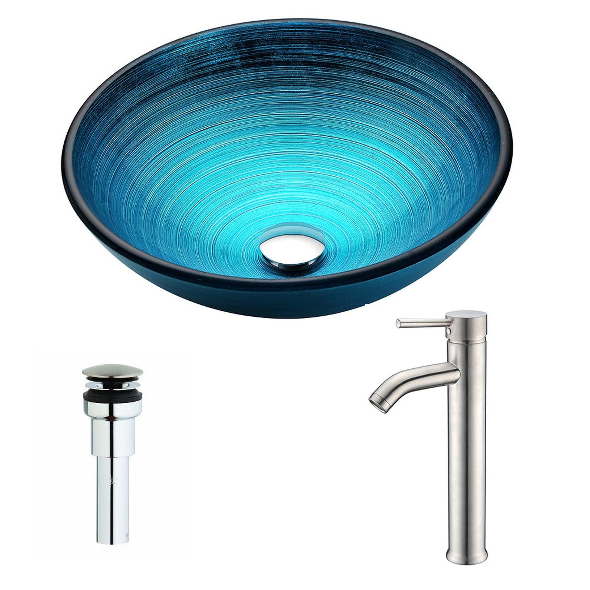 ANZZI Enti Series 17" x 17" Round Lustrous Blue Deco-Glass Vessel Sink Finish With Chrome Pop-Up Drain and Brushed Nickel Fann Faucet