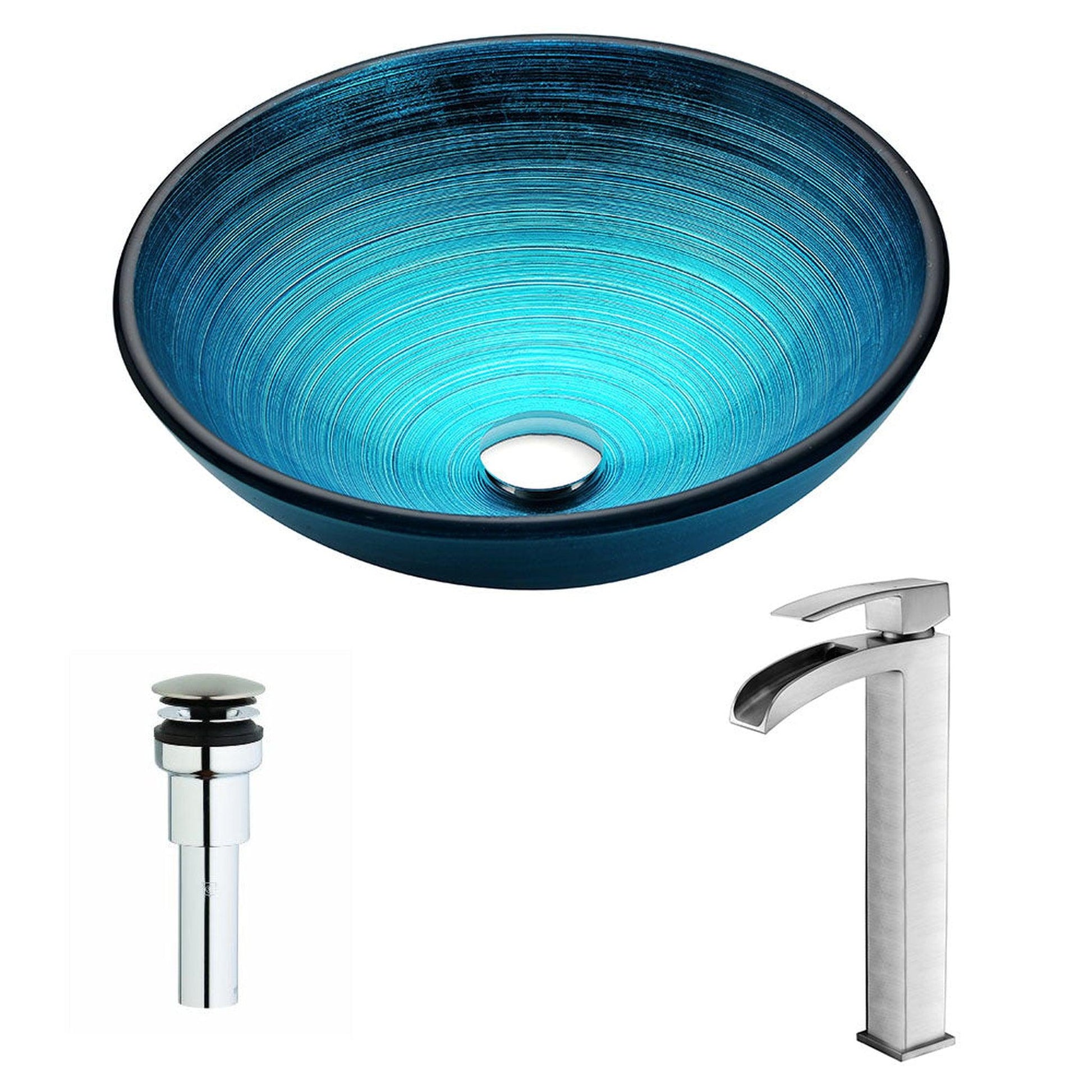 ANZZI Enti Series 17" x 17" Round Lustrous Blue Deco-Glass Vessel Sink With Chrome Pop-Up Drain and Brushed Nickel Key Faucet