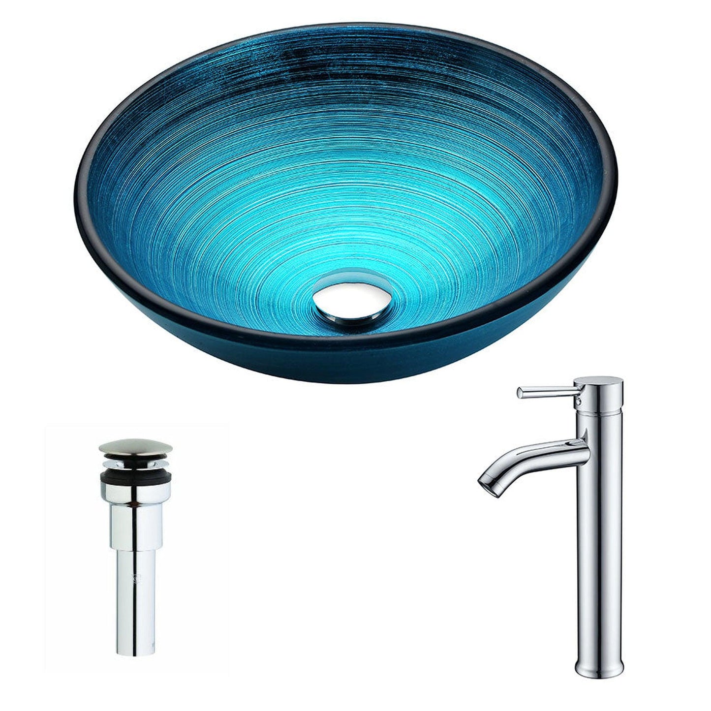ANZZI Enti Series 17" x 17" Round Lustrous Blue Deco-Glass Vessel Sink With Chrome Pop-Up Drain and Fann Faucet