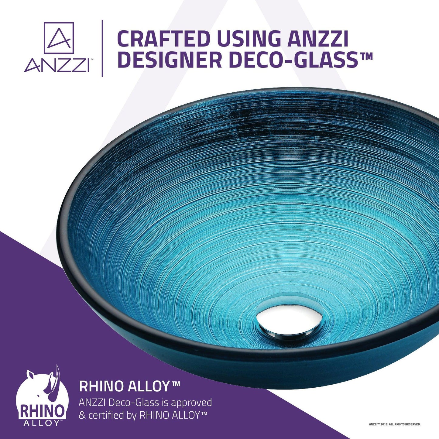 ANZZI Enti Series 17" x 17" Round Lustrous Blue Deco-Glass Vessel Sink With Polished Chrome Pop-Up Drain