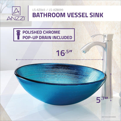 ANZZI Enti Series 17" x 17" Round Lustrous Blue Deco-Glass Vessel Sink With Polished Chrome Pop-Up Drain