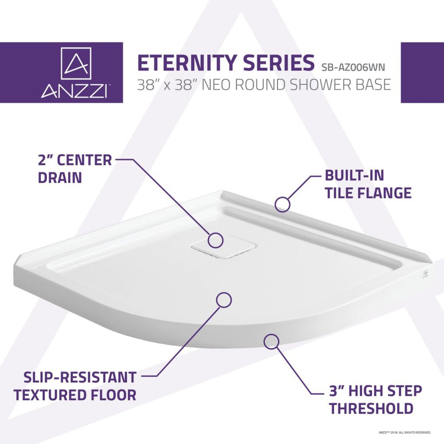 ANZZI Eternity Series 38" x 38" Center Drain Double Threshold White Shower Base With Built-in Tile Flange