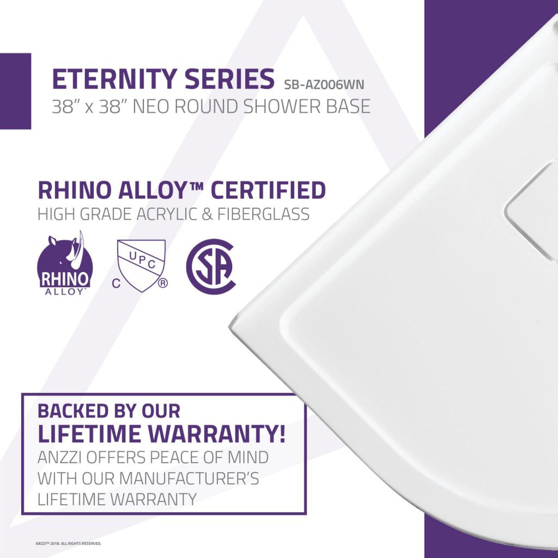 ANZZI Eternity Series 38" x 38" Center Drain Double Threshold White Shower Base With Built-in Tile Flange