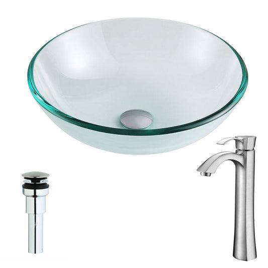 ANZZI Etude Series 17" x 17" Round Lustrous Clear Deco-Glass Round Vessel Sink With Polished Chrome Pop-Up Drain and Brushed Nickel Harmony Faucet