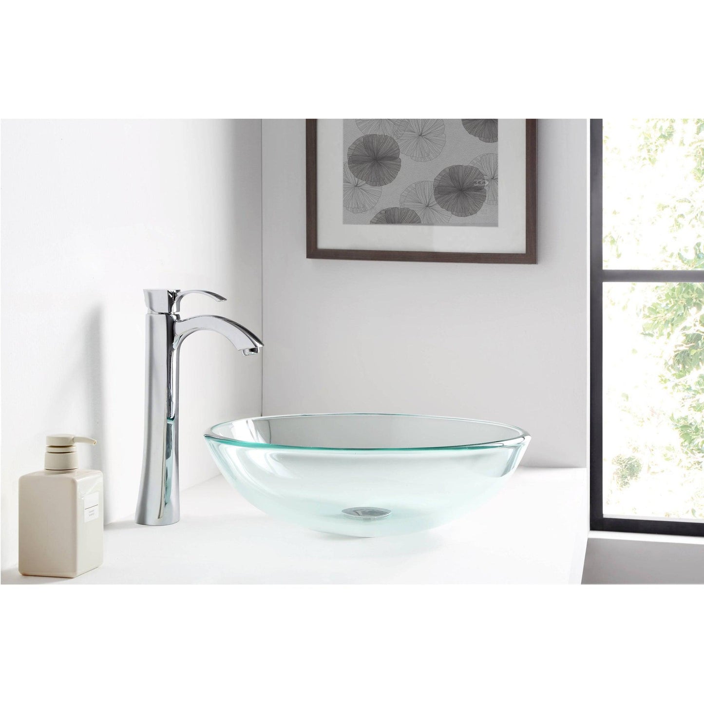 ANZZI Etude Series 17" x 17" Round Lustrous Clear Deco-Glass Vessel Sink With Polished Chrome Pop-Up Drain