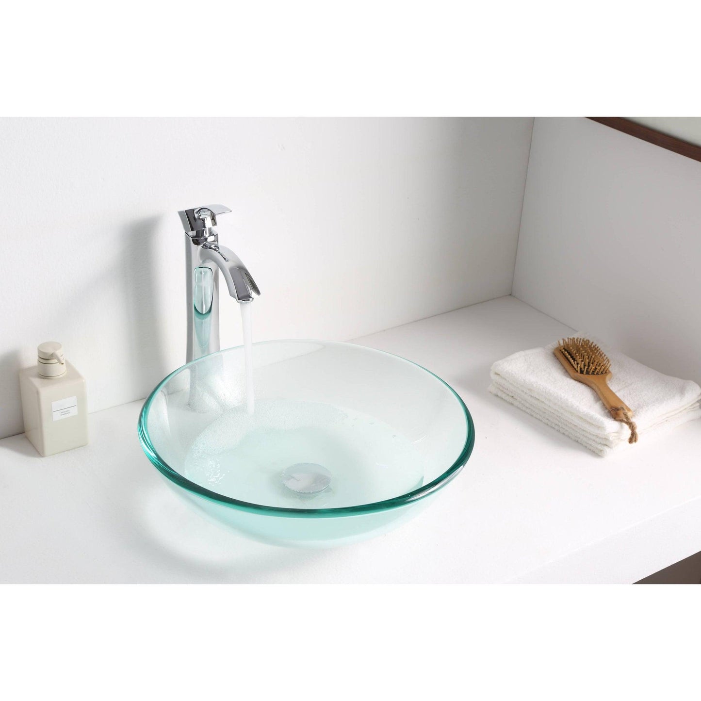 ANZZI Etude Series 17" x 17" Round Lustrous Clear Deco-Glass Vessel Sink With Polished Chrome Pop-Up Drain