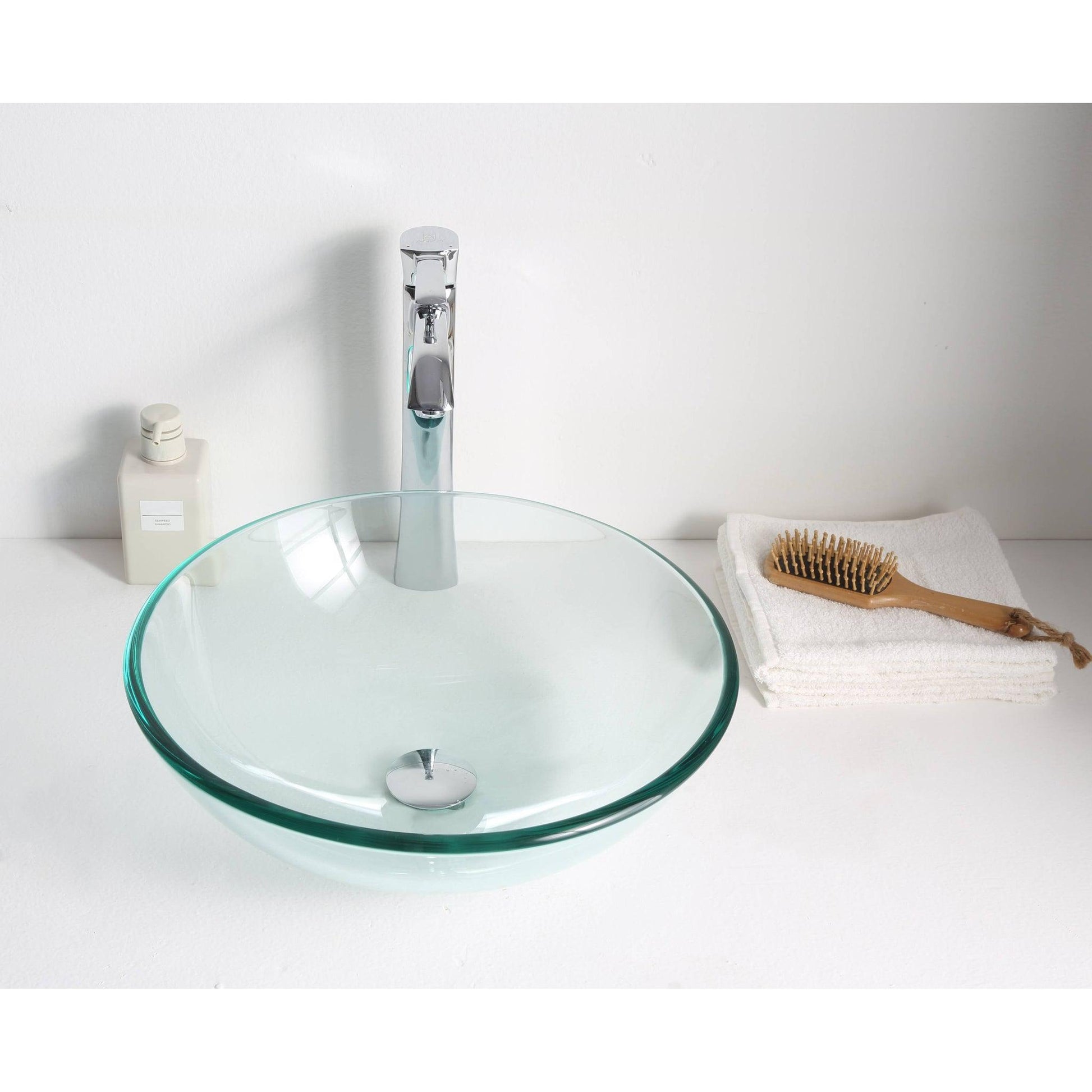 ANZZI Etude Series 17" x 17" Round Lustrous Clear Deco-Glass Vessel Sink With Polished Chrome Pop-Up Drain