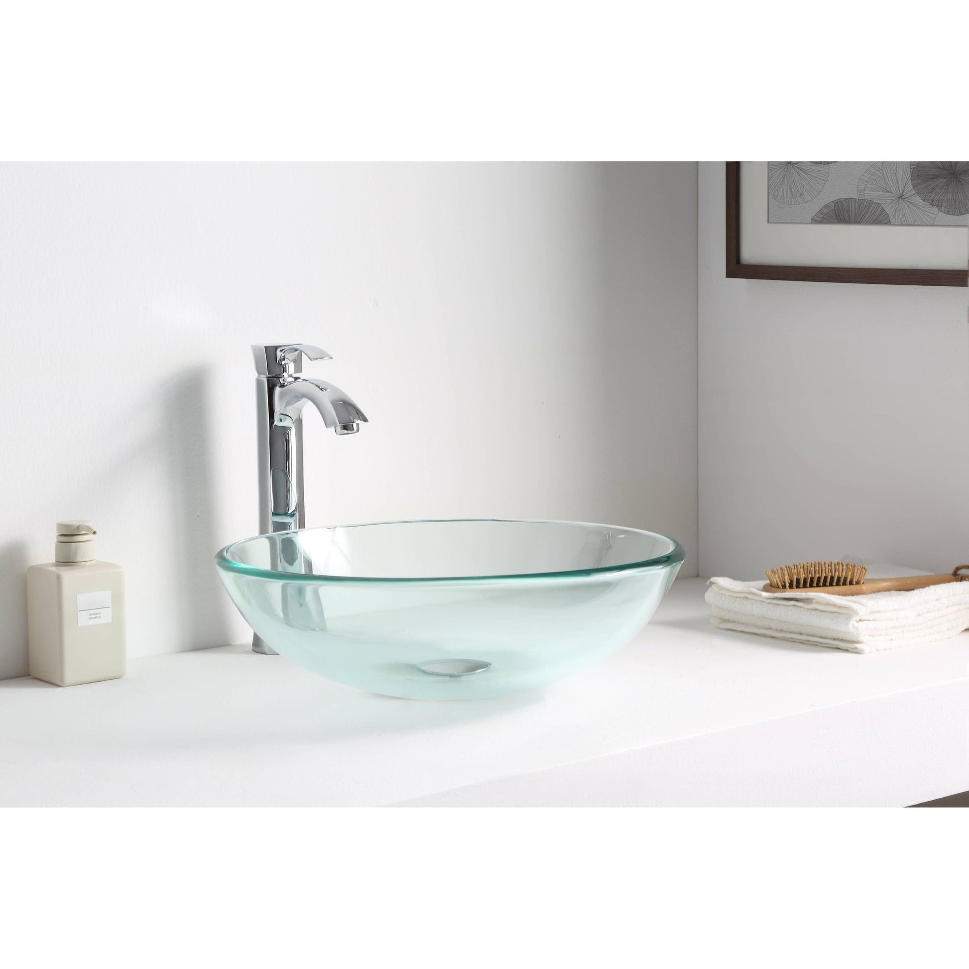 ANZZI Etude Series 17" x 17" Round Lustrous Clear Deco-Glass Vessel Sink With Polished Chrome Pop-Up Drain