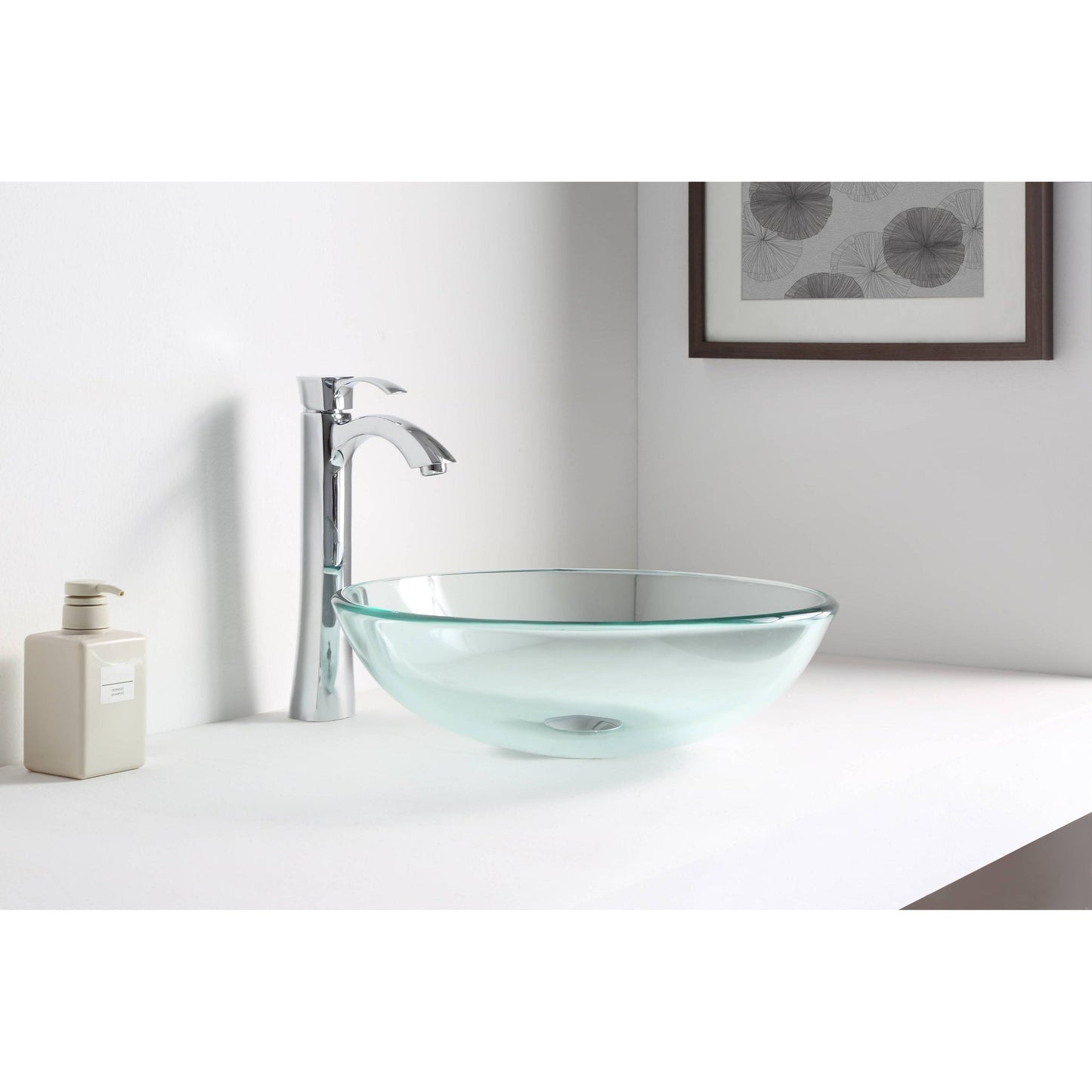 ANZZI Etude Series 17" x 17" Round Lustrous Clear Deco-Glass Vessel Sink With Polished Chrome Pop-Up Drain