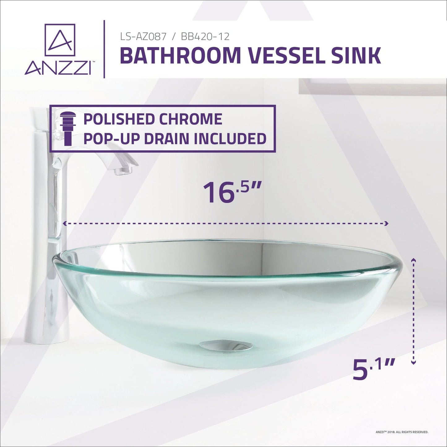 ANZZI Etude Series 17" x 17" Round Lustrous Clear Deco-Glass Vessel Sink With Polished Chrome Pop-Up Drain