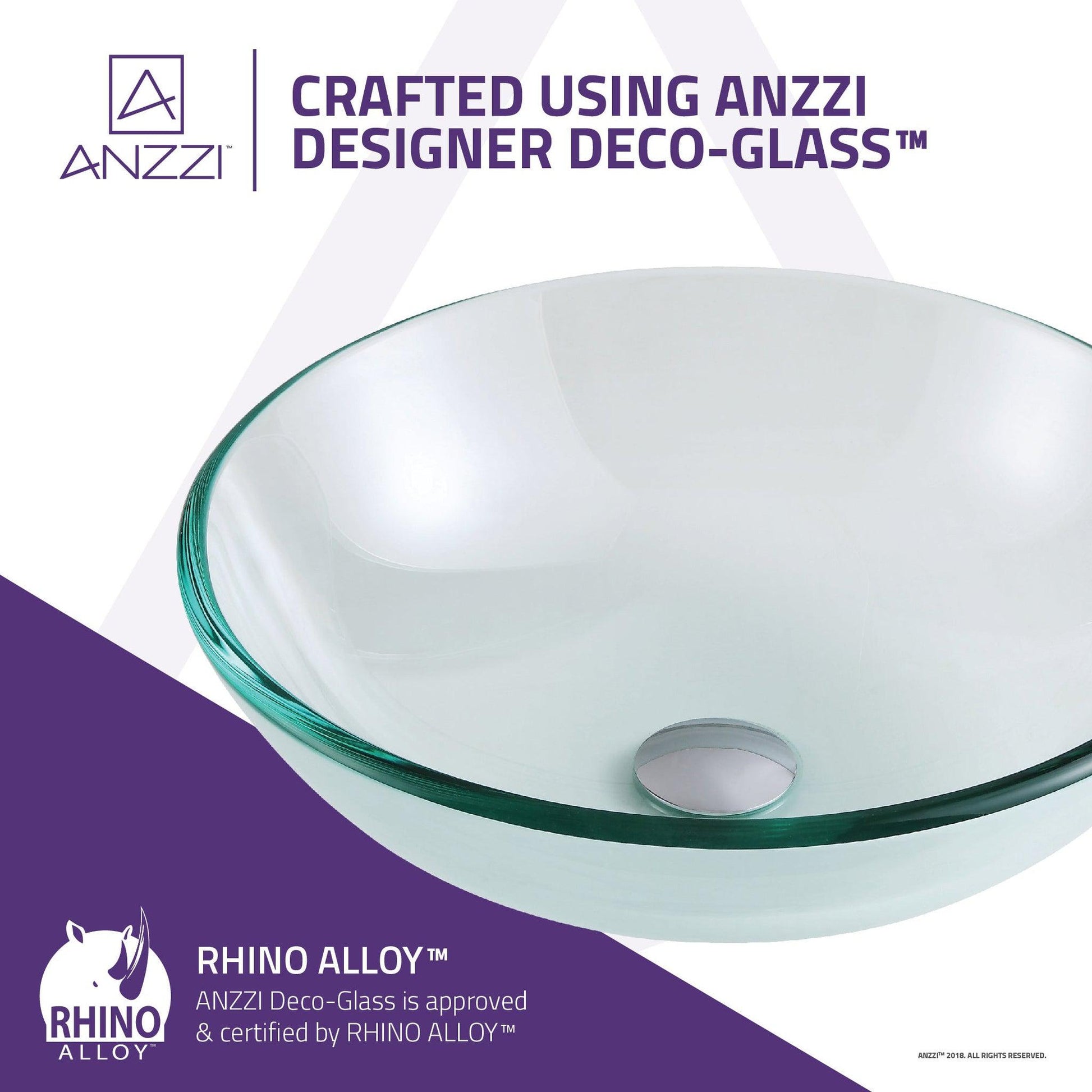 ANZZI Etude Series 17" x 17" Round Lustrous Clear Deco-Glass Vessel Sink With Polished Chrome Pop-Up Drain