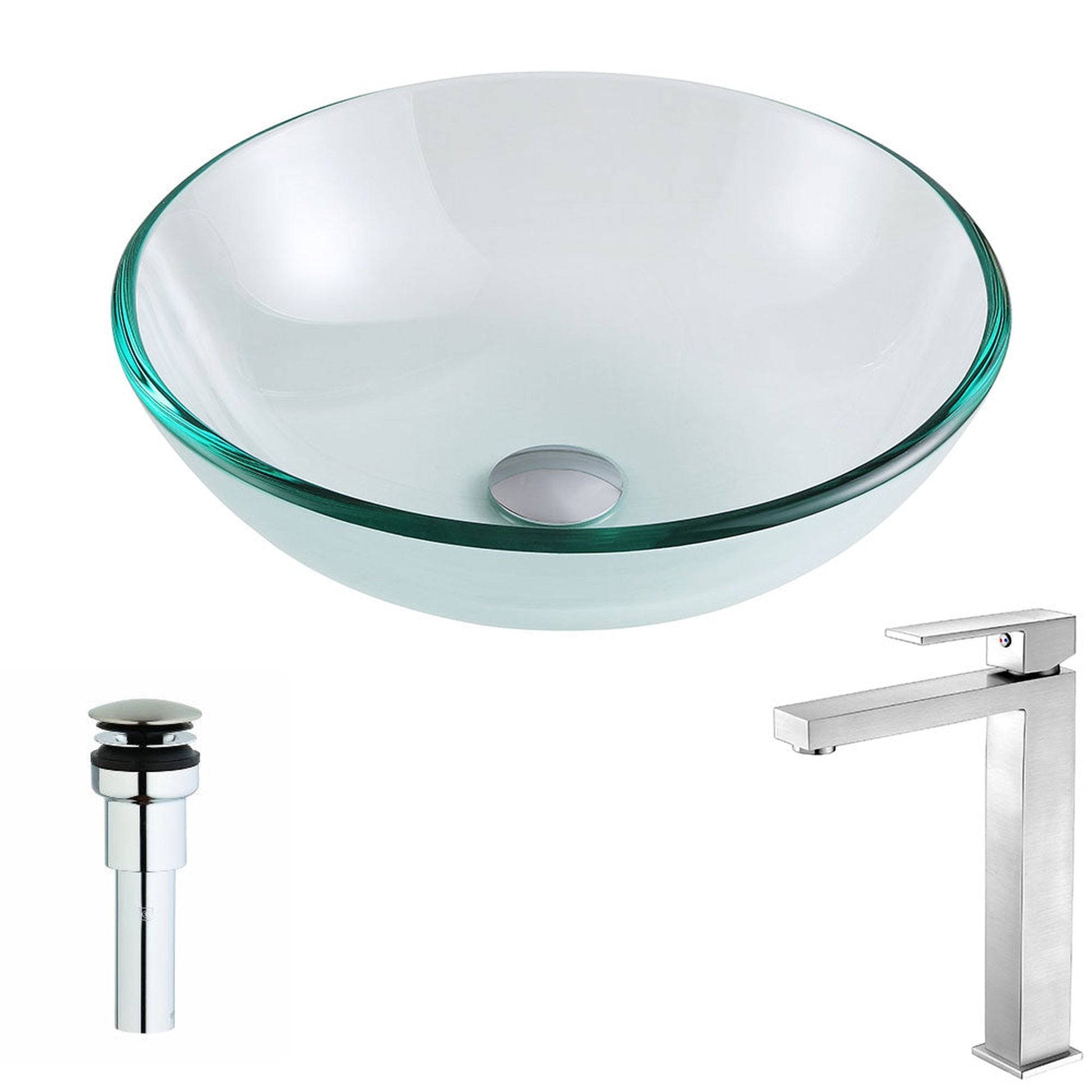 ANZZI Etude Series 17" x 17" Round Lustrous Clear Deco-Glass Vessel Sink With Polished Chrome Pop-Up Drain and Brushed Nickel Enti Faucet
