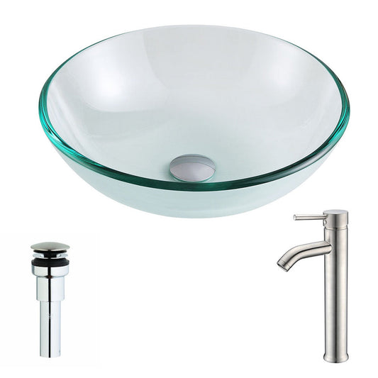 ANZZI Etude Series 17" x 17" Round Lustrous Clear Deco-Glass Vessel Sink With Polished Chrome Pop-Up Drain and Brushed Nickel Fann Faucet