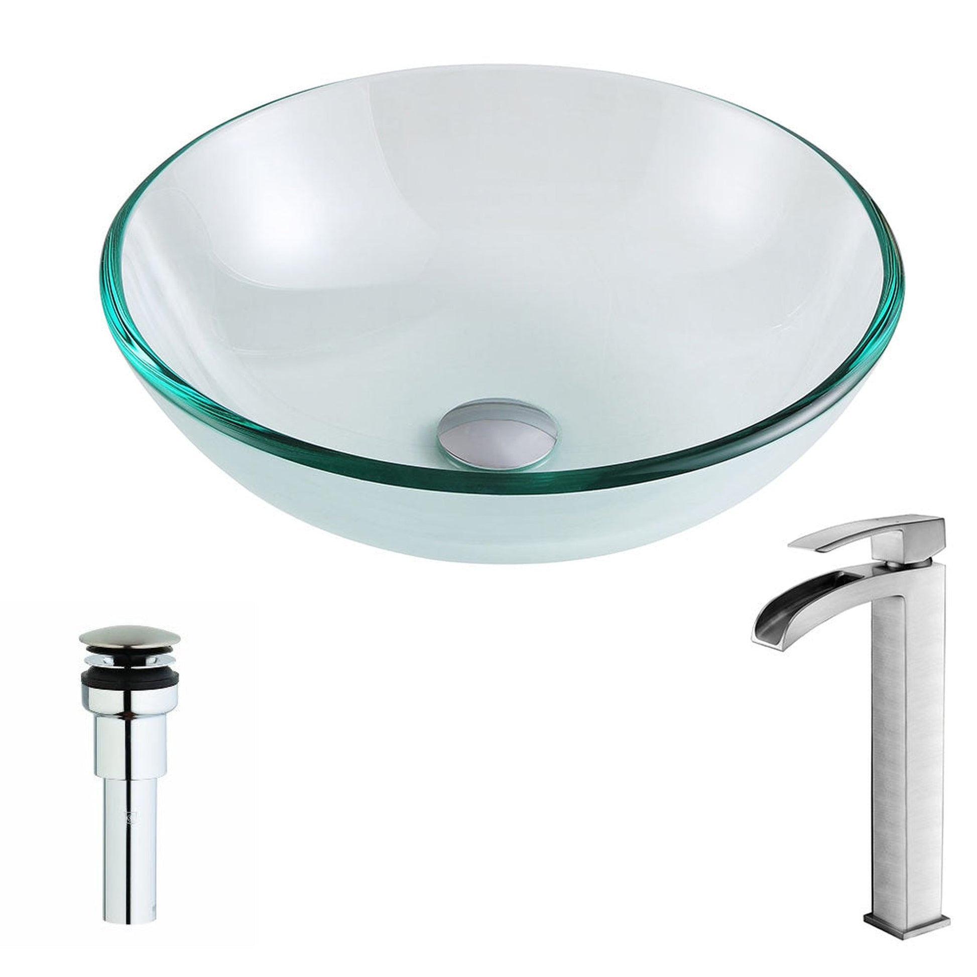 ANZZI Etude Series 17" x 17" Round Lustrous Clear Deco-Glass Vessel Sink With Polished Chrome Pop-Up Drain and Brushed Nickel Key Faucet