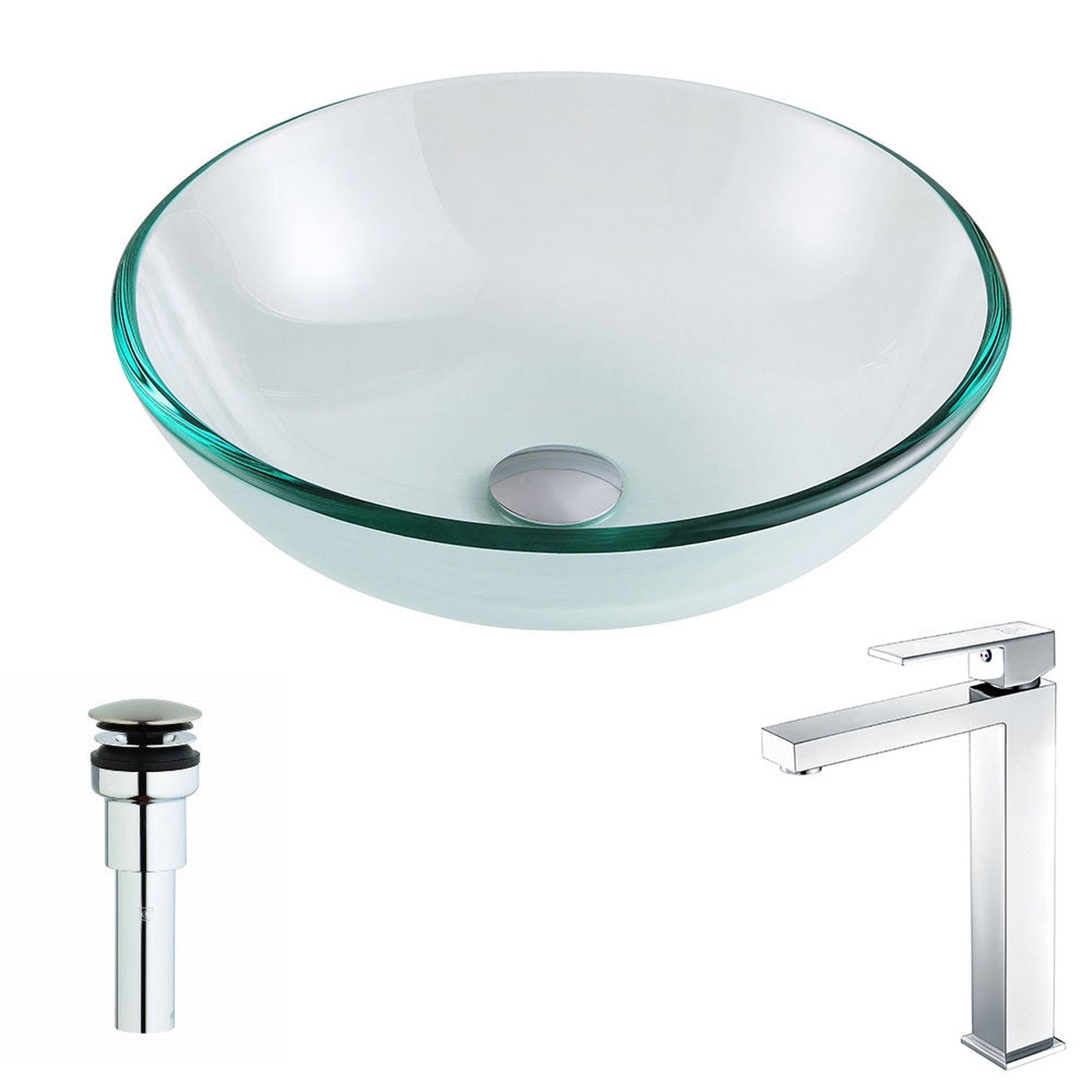 ANZZI Etude Series 17" x 17" Round Lustrous Clear Deco-Glass Vessel Sink With Polished Chrome Pop-Up Drain and Enti Faucet