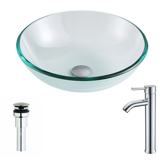 ANZZI Etude Series 17" x 17" Round Lustrous Clear Deco-Glass Vessel Sink With Polished Chrome Pop-Up Drain and Fann Faucet