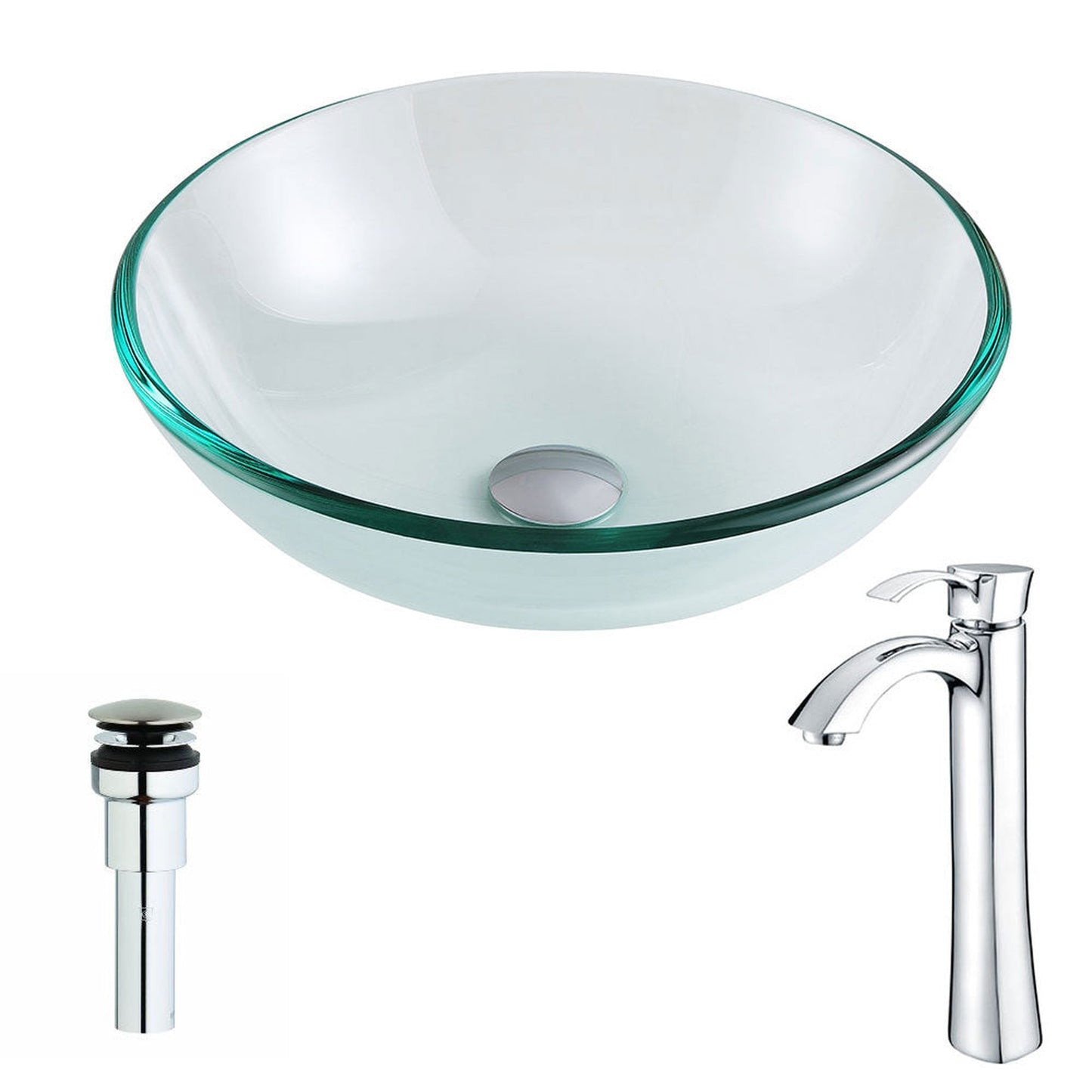 ANZZI Etude Series 17" x 17" Round Lustrous Clear Deco-Glass Vessel Sink With Polished Chrome Pop-Up Drain and Harmony Faucet