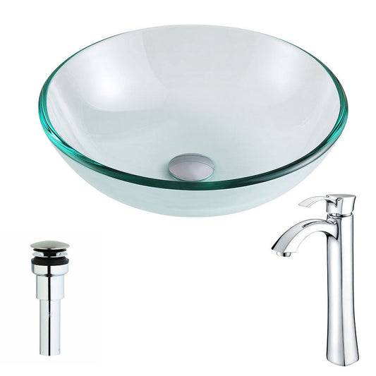 ANZZI Etude Series 17" x 17" Round Lustrous Clear Deco-Glass Vessel Sink With Polished Chrome Pop-Up Drain and Harmony Faucet