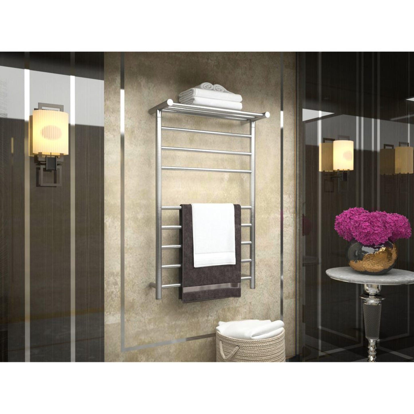ANZZI Eve Series 8-Bar Stainless Steel Wall-Mounted Electric Towel Warmer Rack With Top Shelf in Brushed Nickel Finish