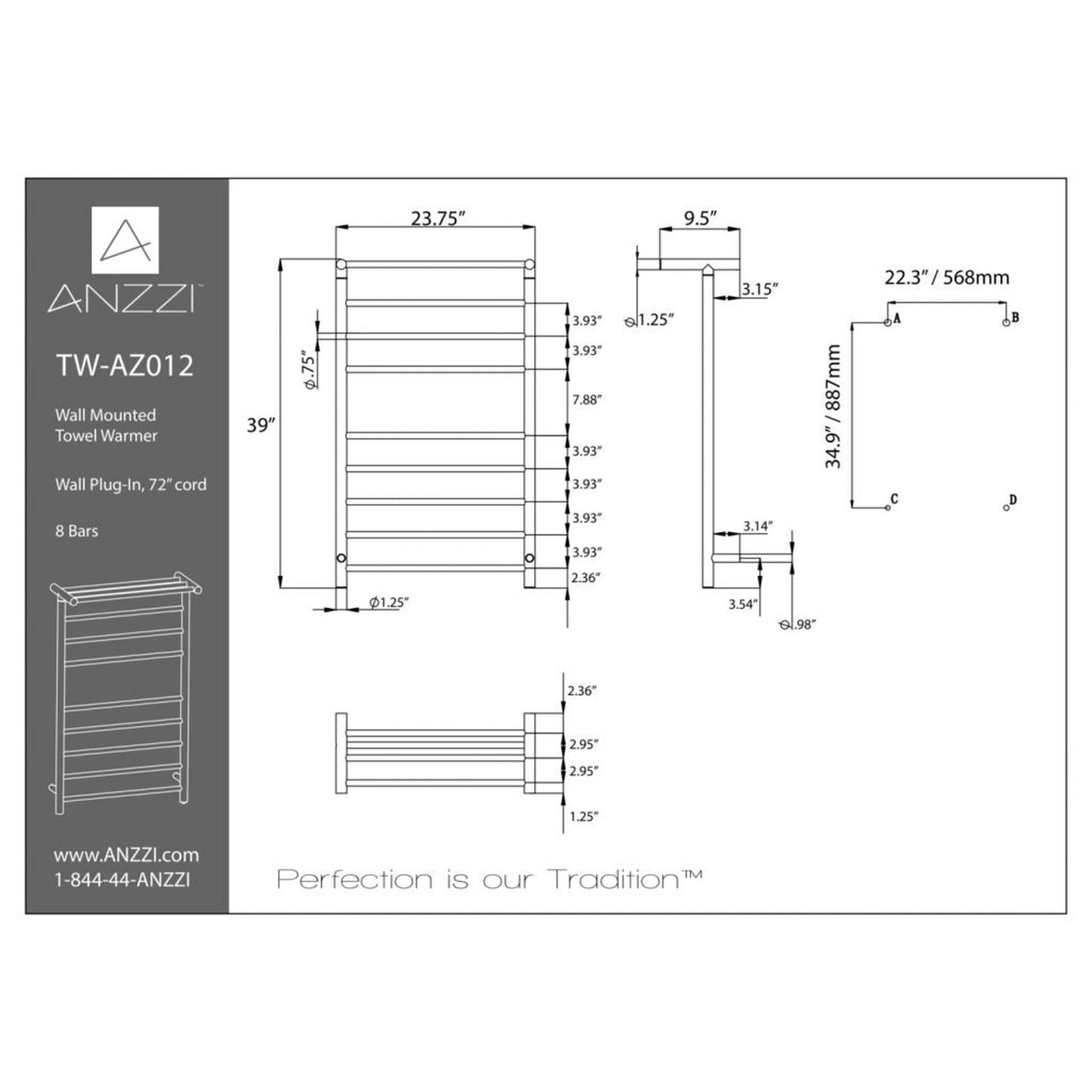 ANZZI Eve Series 8-Bar Stainless Steel Wall-Mounted Electric Towel Warmer Rack With Top Shelf in Brushed Nickel Finish